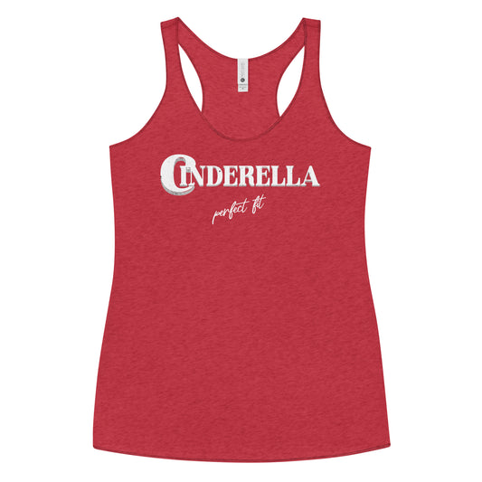 Red women’s racerback tank top featuring white merger text that reads “Cinderella” with a decorative crescent moon incorporated into the letter C, and the phrase “perfect fit” written underneath in an elegant cursive script.