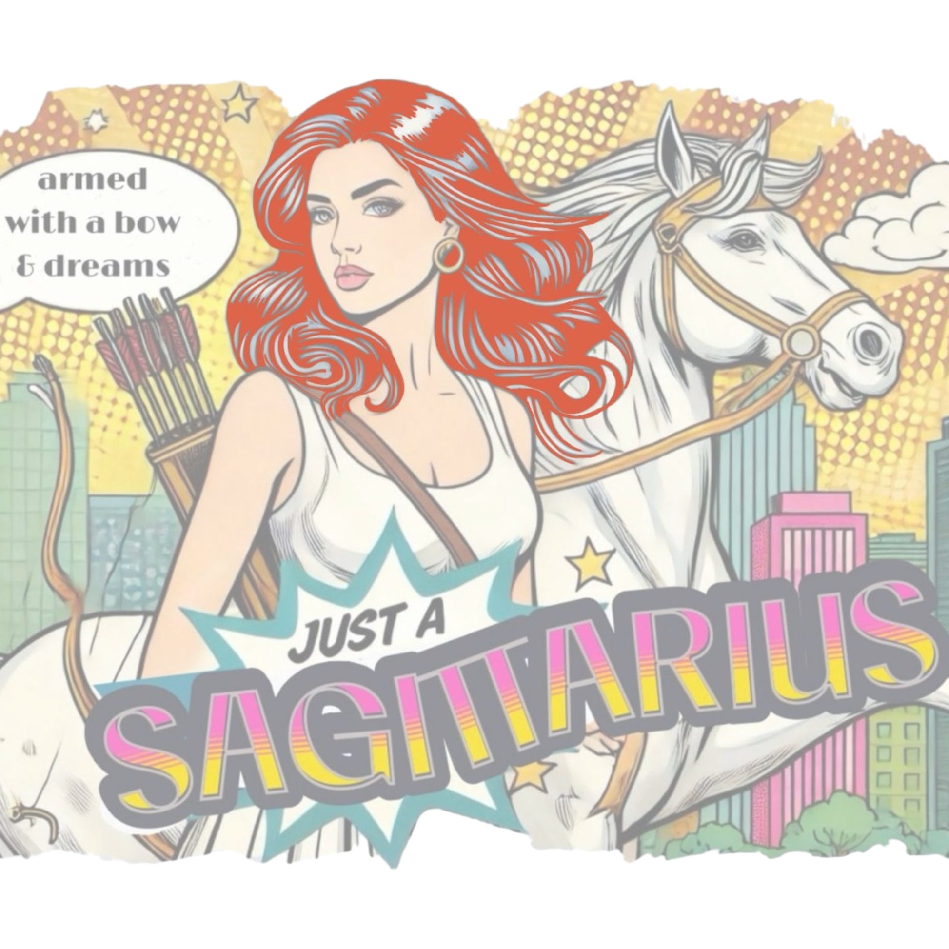Retro pop-art Redhead Sagittarius graphic featuring a blonde woman, with bow & arrows, white stallion, and a city backdrop, captioned ‘Just a Sagittarius, armed with a bow & dreams'. Branded RedBlonde on the inside neck and right sleeve