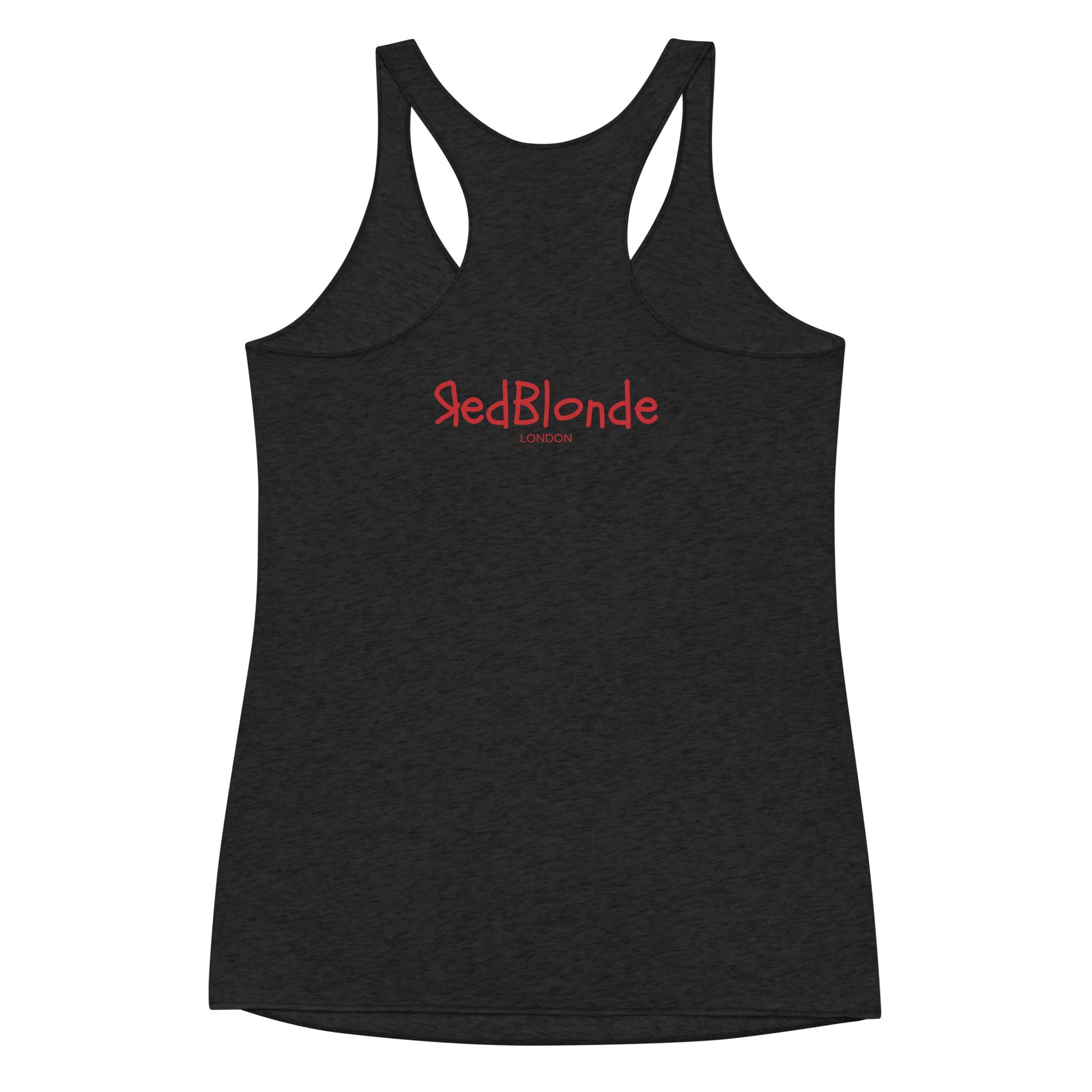 Reverse black racerback tank with RedBlonde London branding