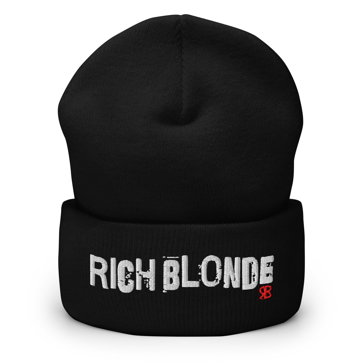 Black cuffed beanie featuring bold white embroidered text “RICH BLONDE” across the front and a small red RB logo detail on the fold.
