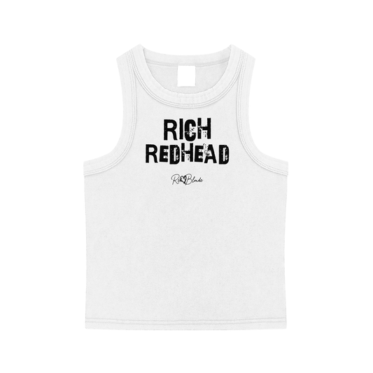 White acid-wash vintage tank top with bold white Ed Gein font “RICH REDHEAD" slogan on the front and RedBlonde logo beneath.