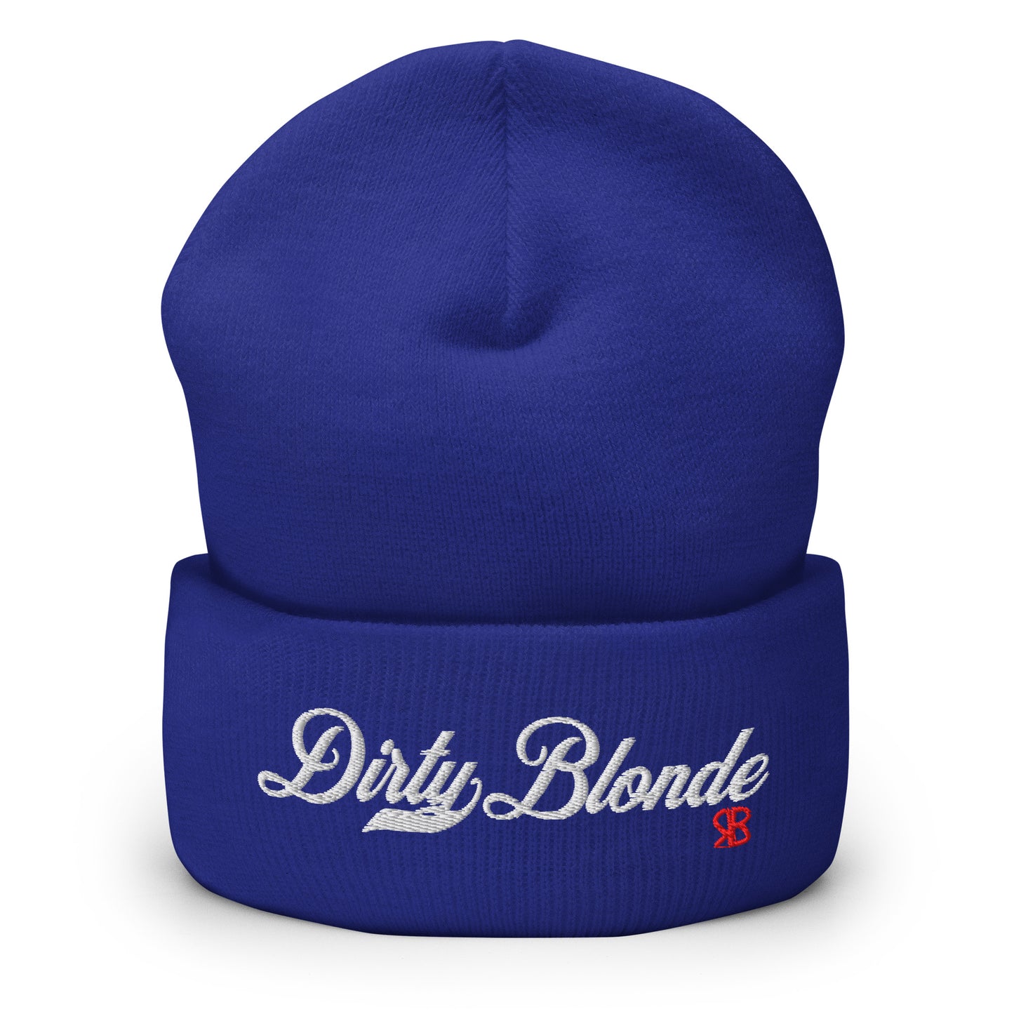 Royal Blue knitted beanie with the embroidered phrase “Dirty Blonde” in white script and a small red RB logo on the fold-over cuff, displayed against a clean white background.