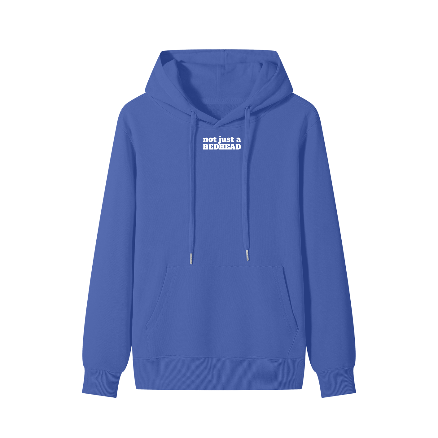 Front view of a royal blue hoodie with drawstrings and a front pocket. The chest features white Alfa Slab One text that reads “not just a REDHEAD.” 