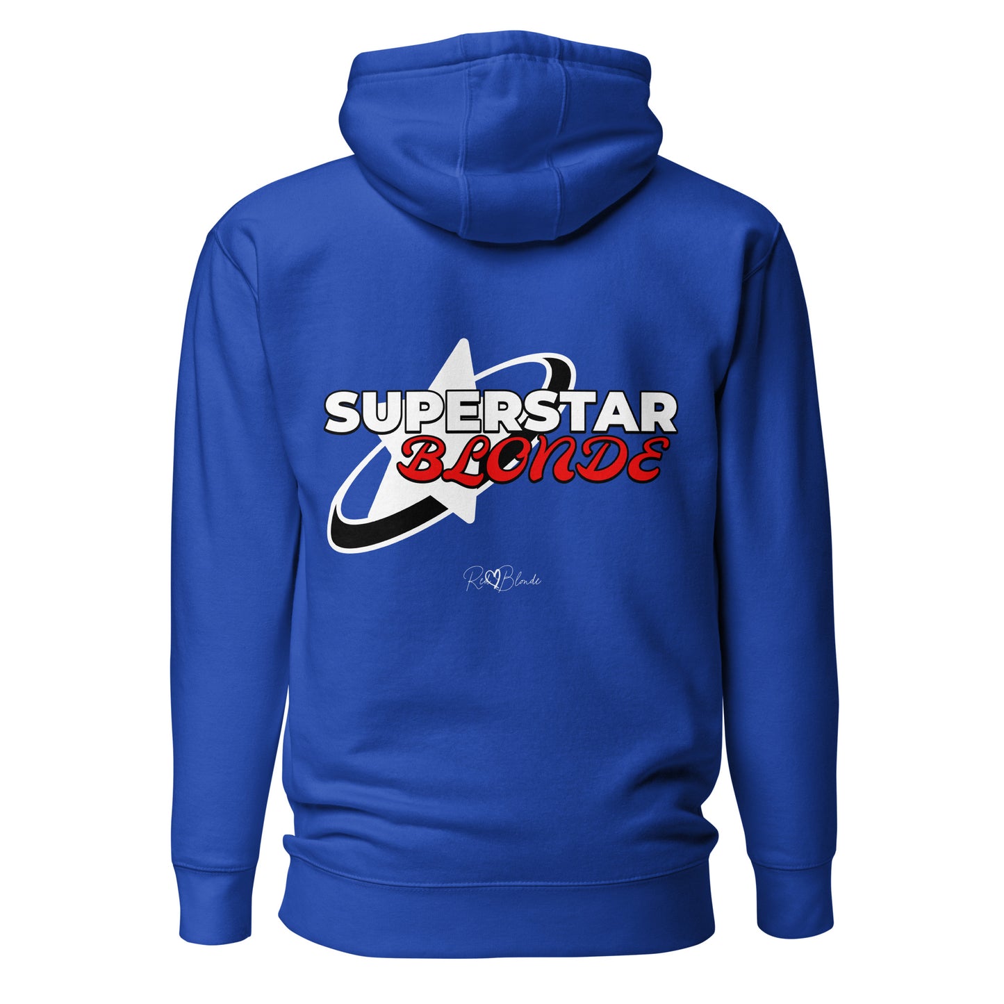 A Royal Blue unisex pullover hoodie with a large back graphic design. The print features a bold white star with a swoosh around it and the words “SUPERSTAR BLONDE” in white and red retro-style Monsierrat and Molle lettering. The design also includes a small signature logo “R & B Blonde” underneath. Branded RedBlonde on inside neck and right sleeve