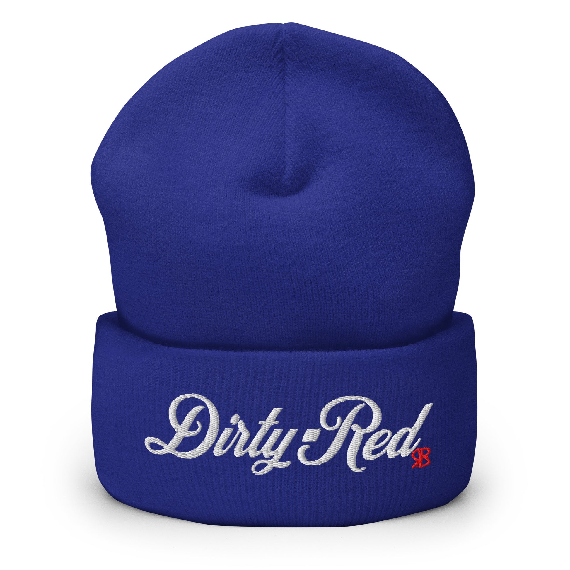 Royal blue knitted beanie with the embroidered phrase “Dirty Red” in white script and a small red RB logo on the fold-over cuff, displayed against a clean white background.