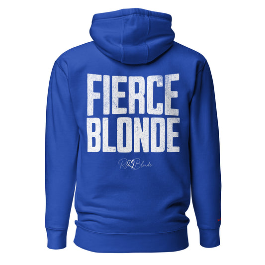 Back view of a royal blue hoodie featuring bold distressed North Road white text reading “Fierce Blonde” with the RedBlonde signature logo beneath. The design has a confident, statement-making style.It is branded RedBlonde on the inside neck and right sleeve
