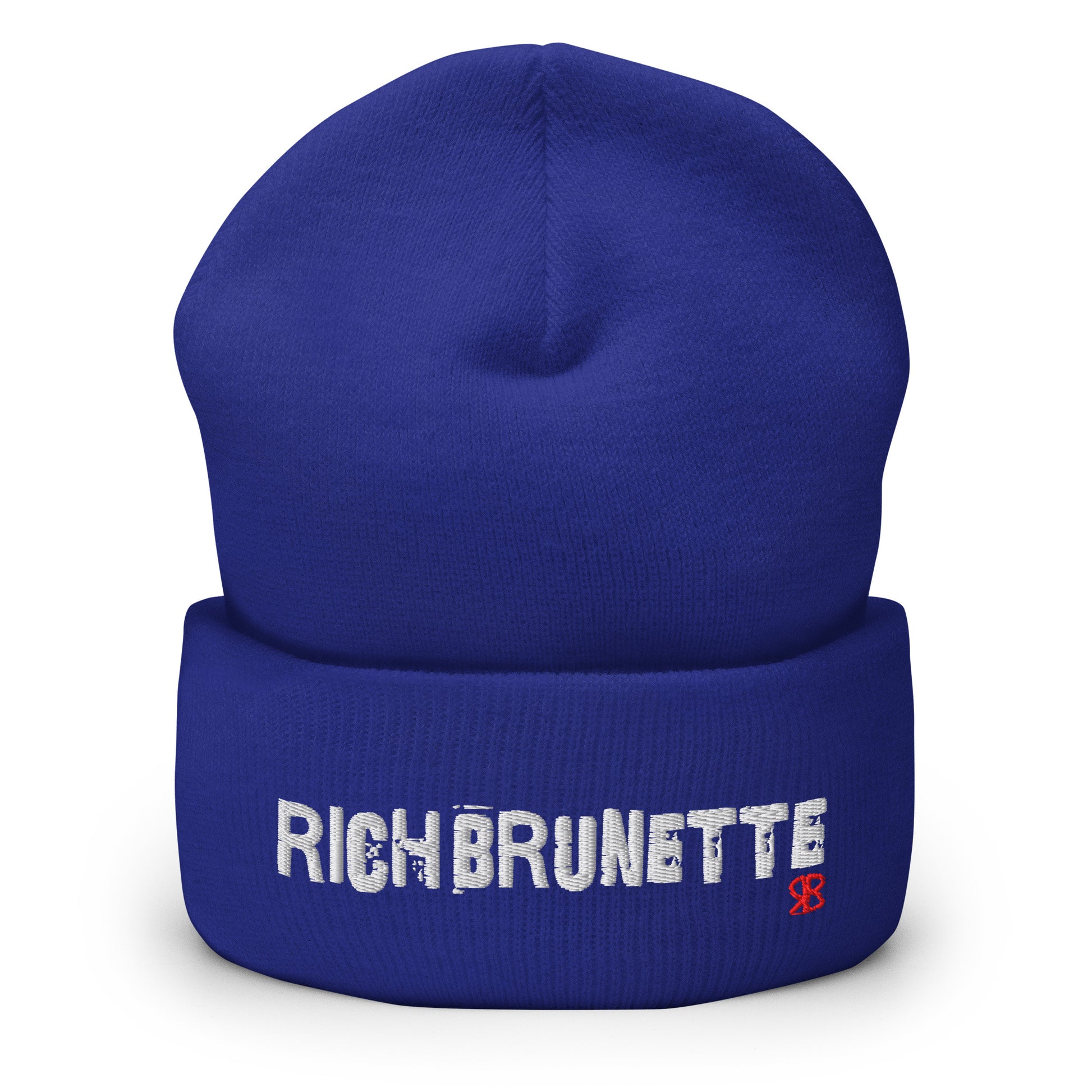 Royal Blue Rich Brunette knitted beanie with the embroidered phrase “Rich Brunette” in white script and a small red RB logo on the fold-over cuff, displayed against a clean white background.