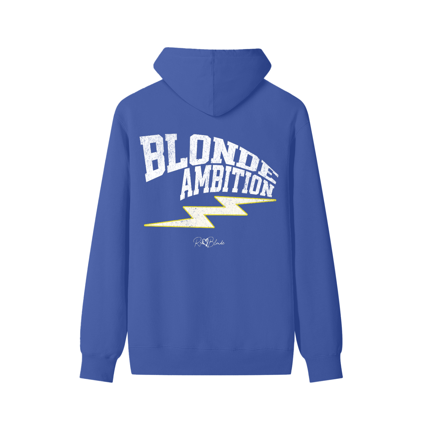 Royal blue hoodie featuring bold white vintage-textured TRICOT font lettering that reads “Blonde Ambition” across the back, with a yellow lightning bolt graphic underneath and the RedBlonde signature logo printed below.