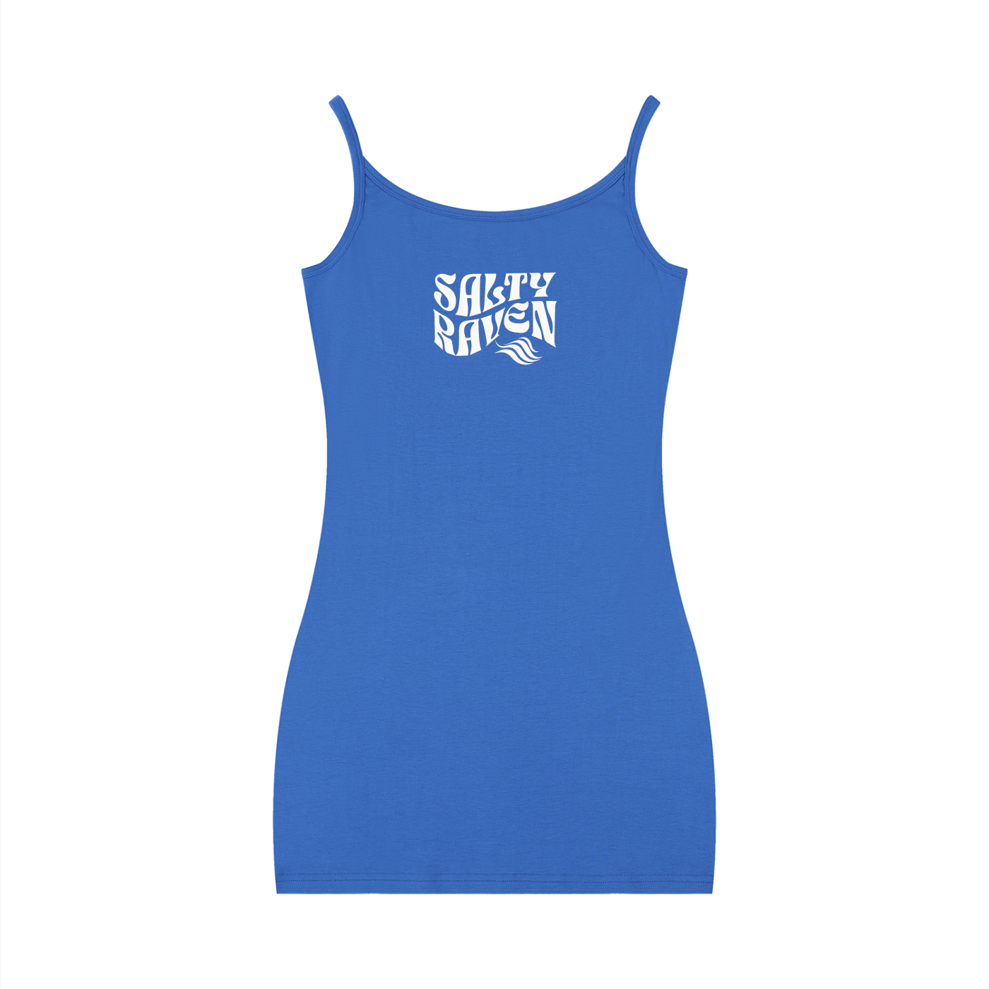 Blue bodycon mini dress with thin straps and a scoop neckline, featuring a white Salty Raven graphic in Solino Display font on the chest.
