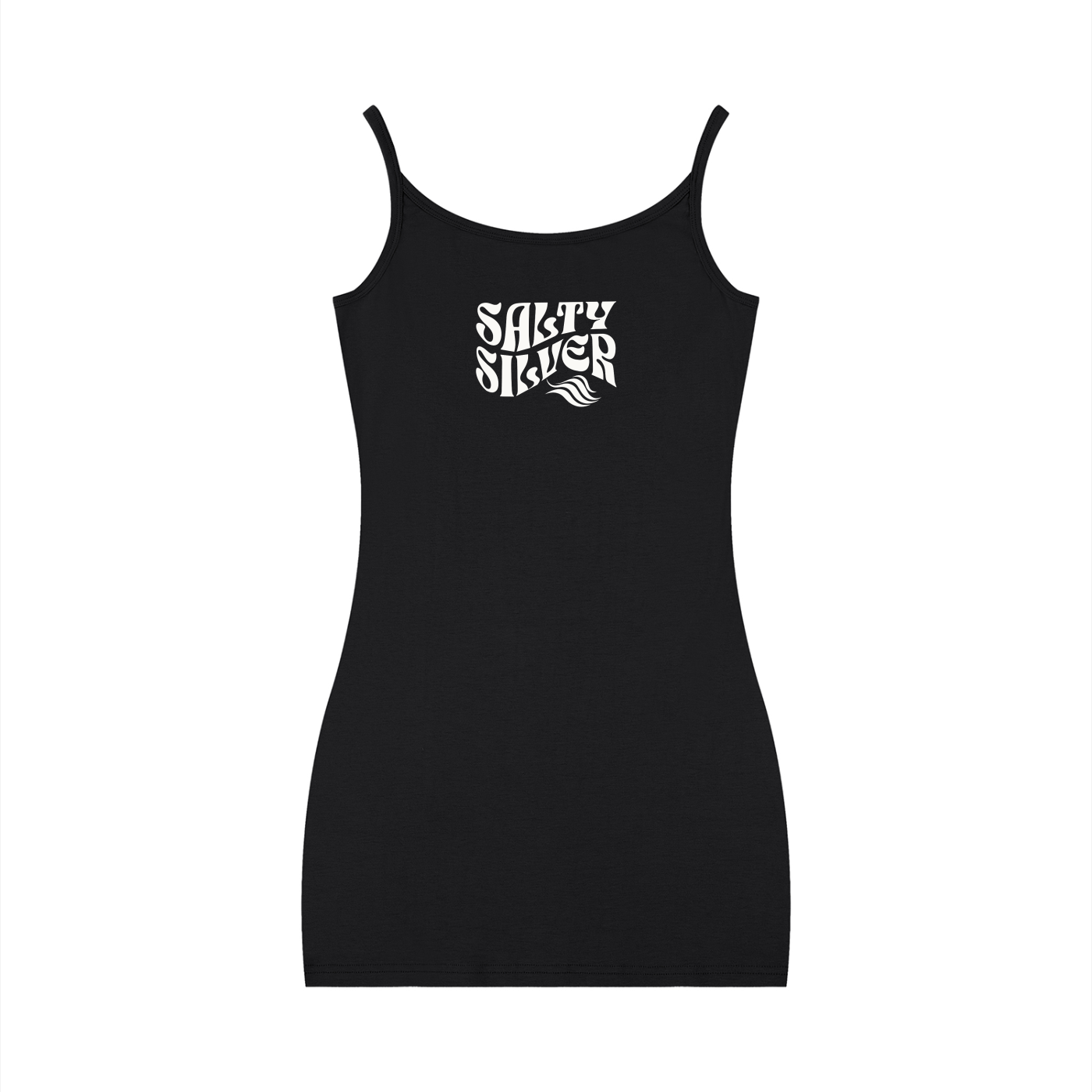 Black bodycon mini dress with thin straps and a scoop neckline, featuring a white Salty Silver graphic in Solino Display font on the chest.