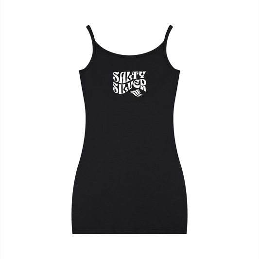 Black bodycon mini dress with thin straps and a scoop neckline, featuring a white Salty Silver graphic in Solino Display font on the chest.