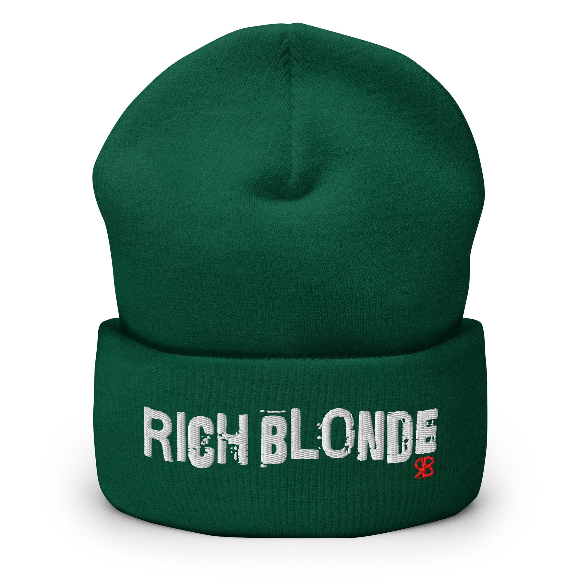Spruce Green cuffed beanie featuring bold white embroidered text “RICH BLONDE” across the front and a small red RB logo detail on the fold.