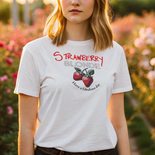 Strawberry blonde wears a white unisex relaxed fit graphic t-shirt with a graphic of a pair of strawberries with the words 'Strawberry' handwritten and 'Blonde' in Neon Tube font, with 'have a fabulous day underneath in an arc. Branded RedBlonde in red on inside neck and right sleeve
