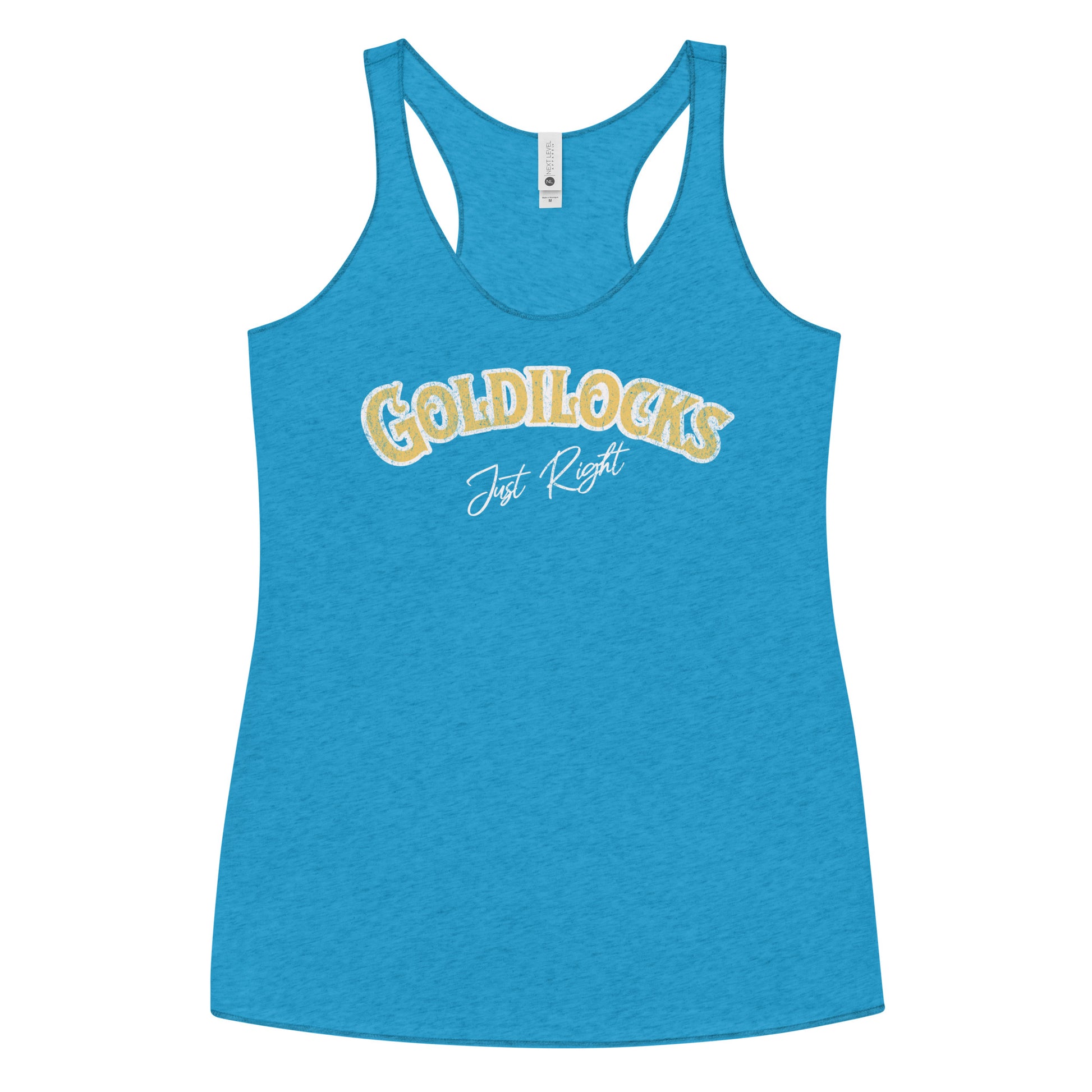 Vintage turquoise woman's racerback tank with the text “Goldilocks Just Right” in gold and white Signmaster Pro textured font, designed in a bold retro style. Branded RedBlonde London in red on the reverse