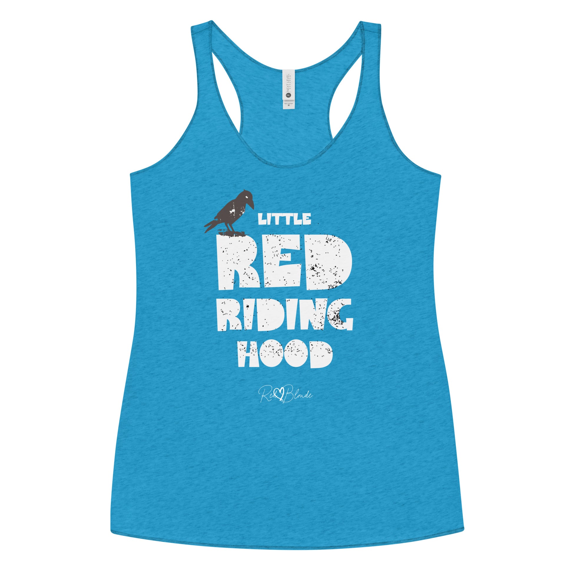 Vintage turquoise women’s racerback tank top featuring bold distressed white Love Birds font reading “Little Red Riding Hood” with a small black crow perched on the word “Little,” and the RedBlonde signature logo below.
