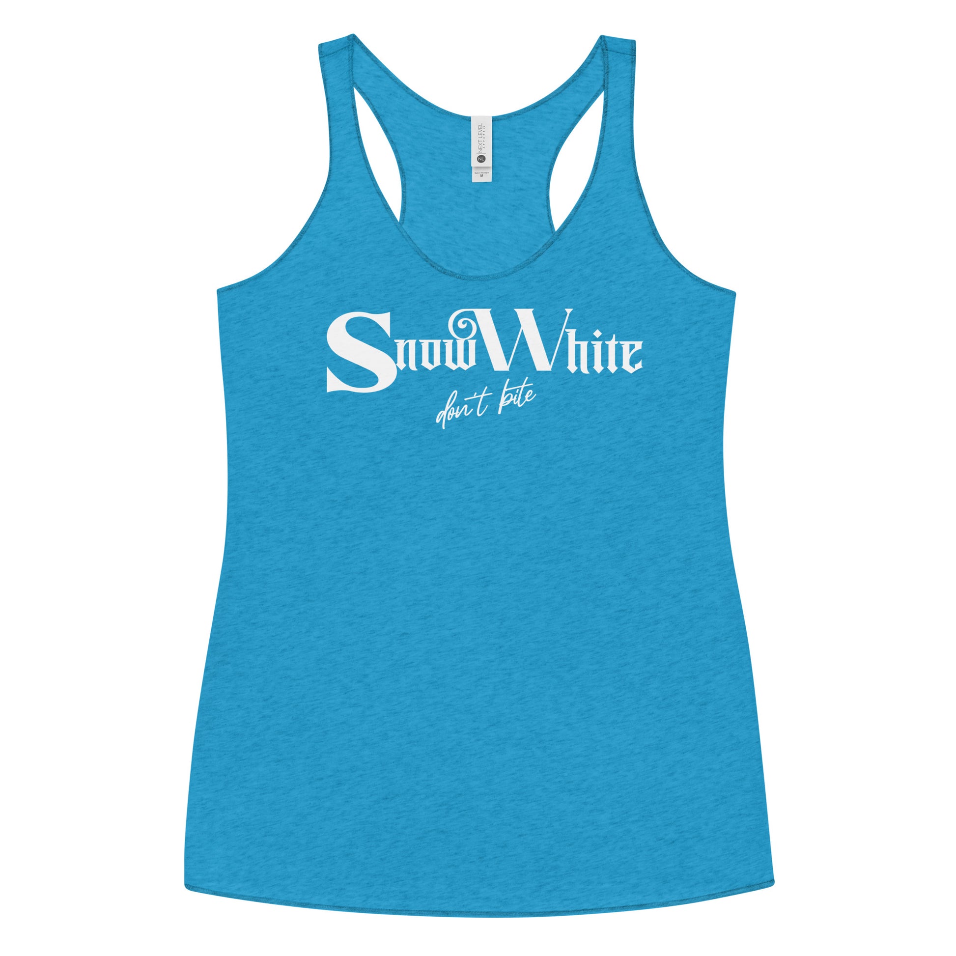 Vintage turquoise women’s racerback tank top featuring white Angel Rhapsody gothic-inspired font that reads “Snow White” and the phrase “don’t bite” written underneath in a cursive script.