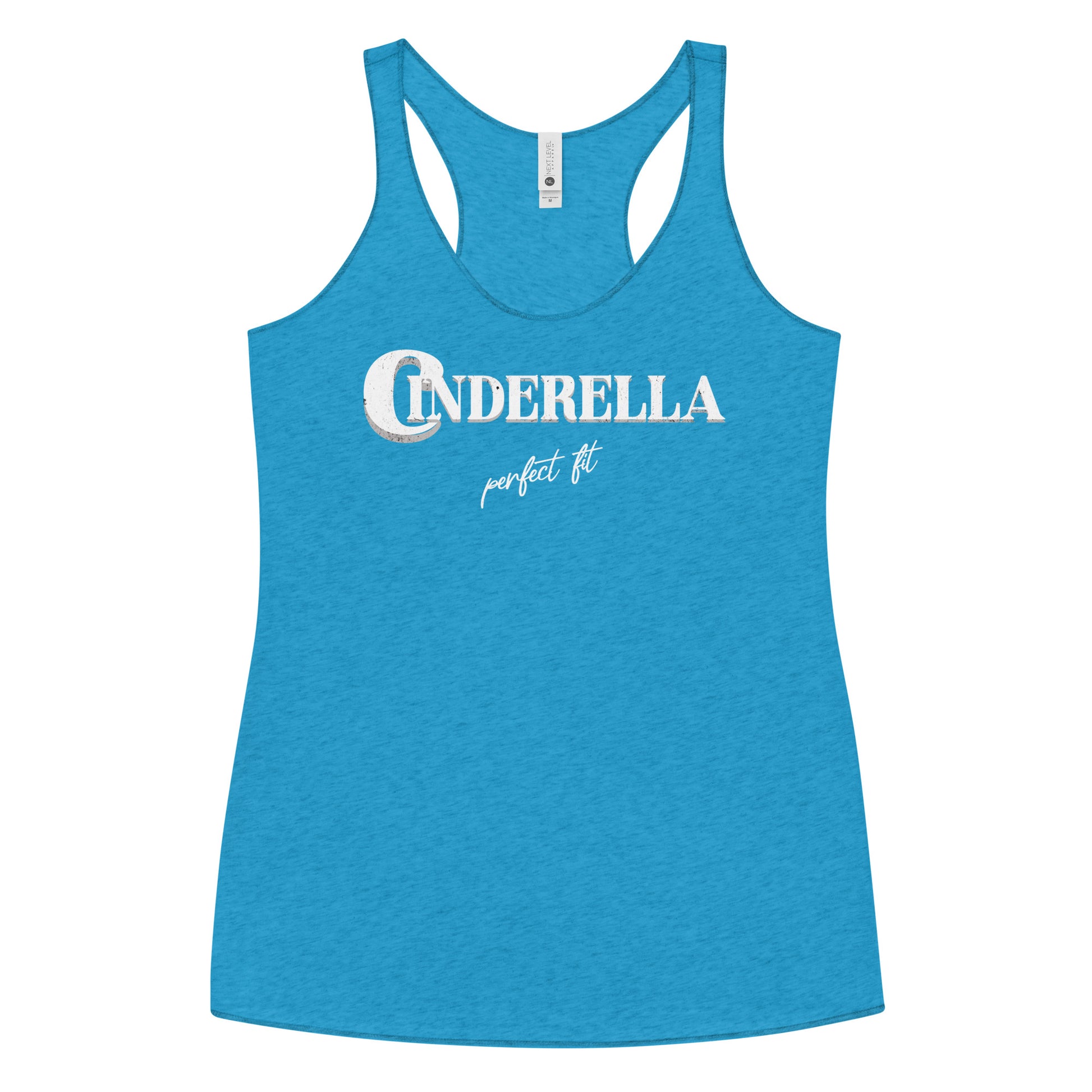 Vintage turquoise women’s racerback tank top featuring white merger text that reads “Cinderella” with a decorative crescent moon incorporated into the letter C, and the phrase “perfect fit” written underneath in an elegant cursive script.