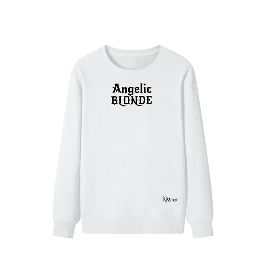 White sweatshirt with bold black gothic New Rocker text reading “Angelic Blonde” across the chest and a small “Kiss me” script printed near the bottom hem.