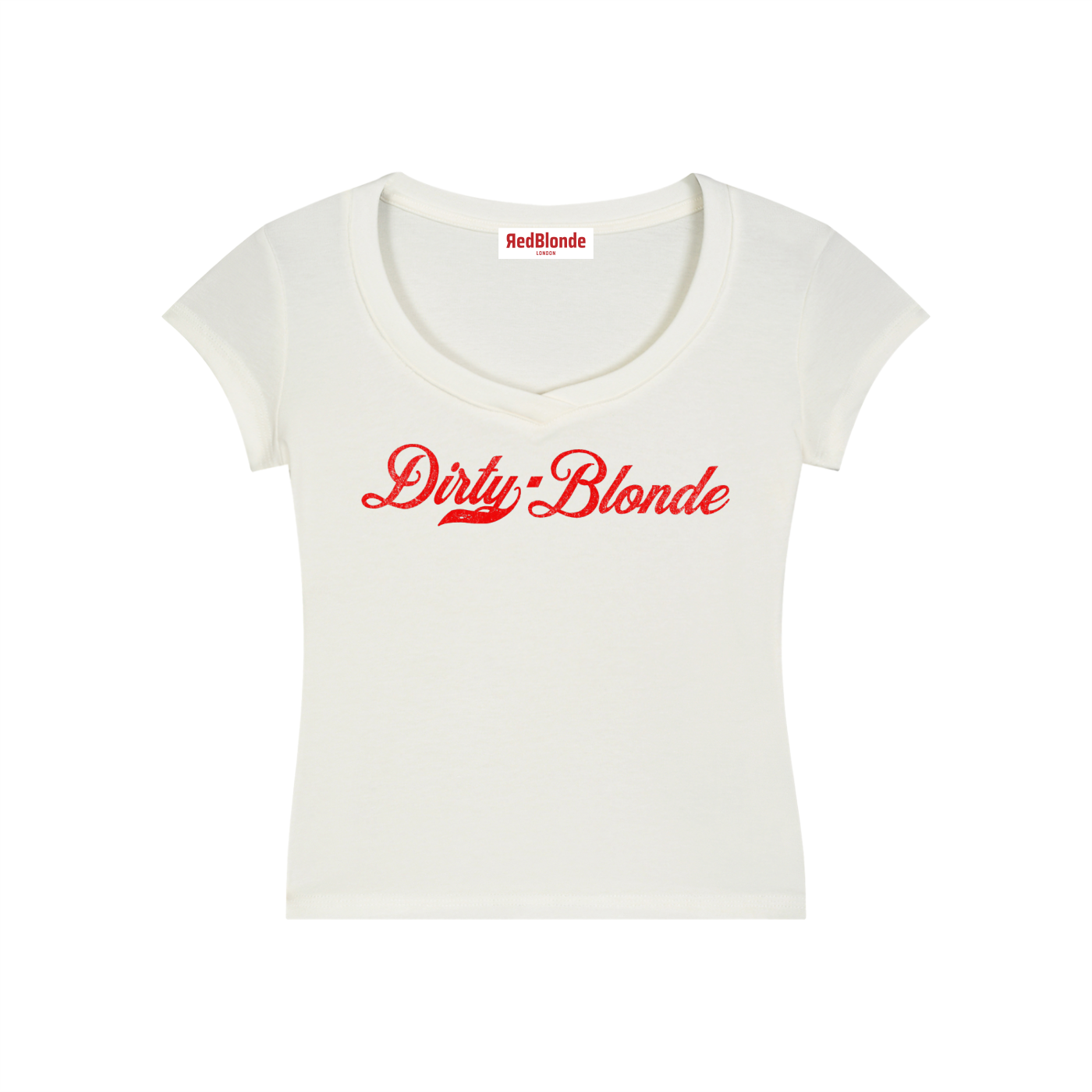 A fitted white V-neck T-shirt laid flat on a white background. It has short sleeves and a red Milkstore 01 script graphic across the chest reading “Dirty-Blonde.” A small RedBlonde label is visible at the inside back neck.