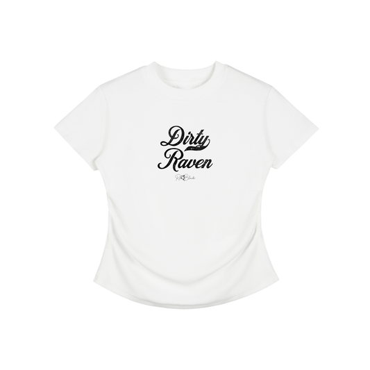 A fitted, short-sleeve white crewneck T-shirt laid flat on a white background. It has subtle ruching/contouring at the sides and a slightly curved hem. black script text across the chest reads “Dirty Raven,” in Milkstore 01 script with a small cursive “RedBlonde” logo beneath.