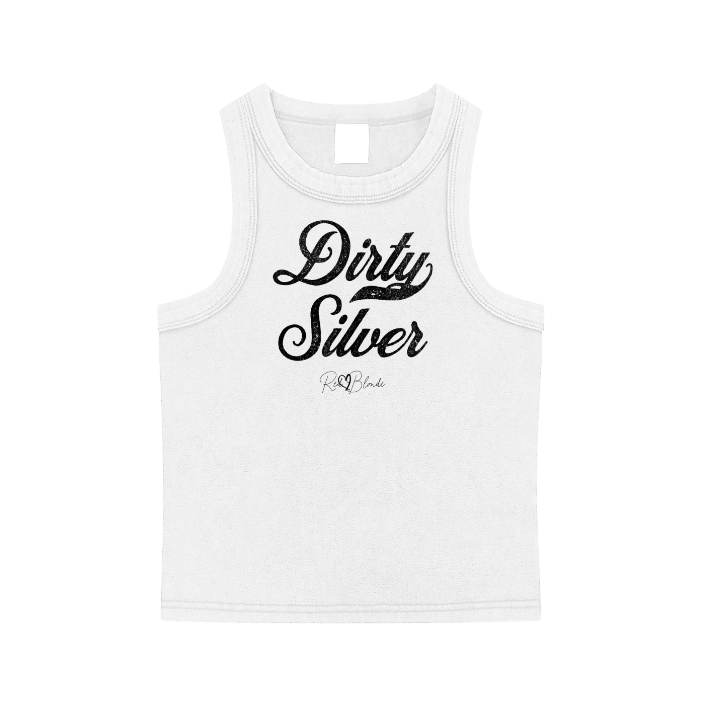White snow-wash tank top with raw-edge seams and the phrase ‘Dirty Silver’ printed in vintage Milkstore white font across the chest, featuring the RedBlonde logo underneath