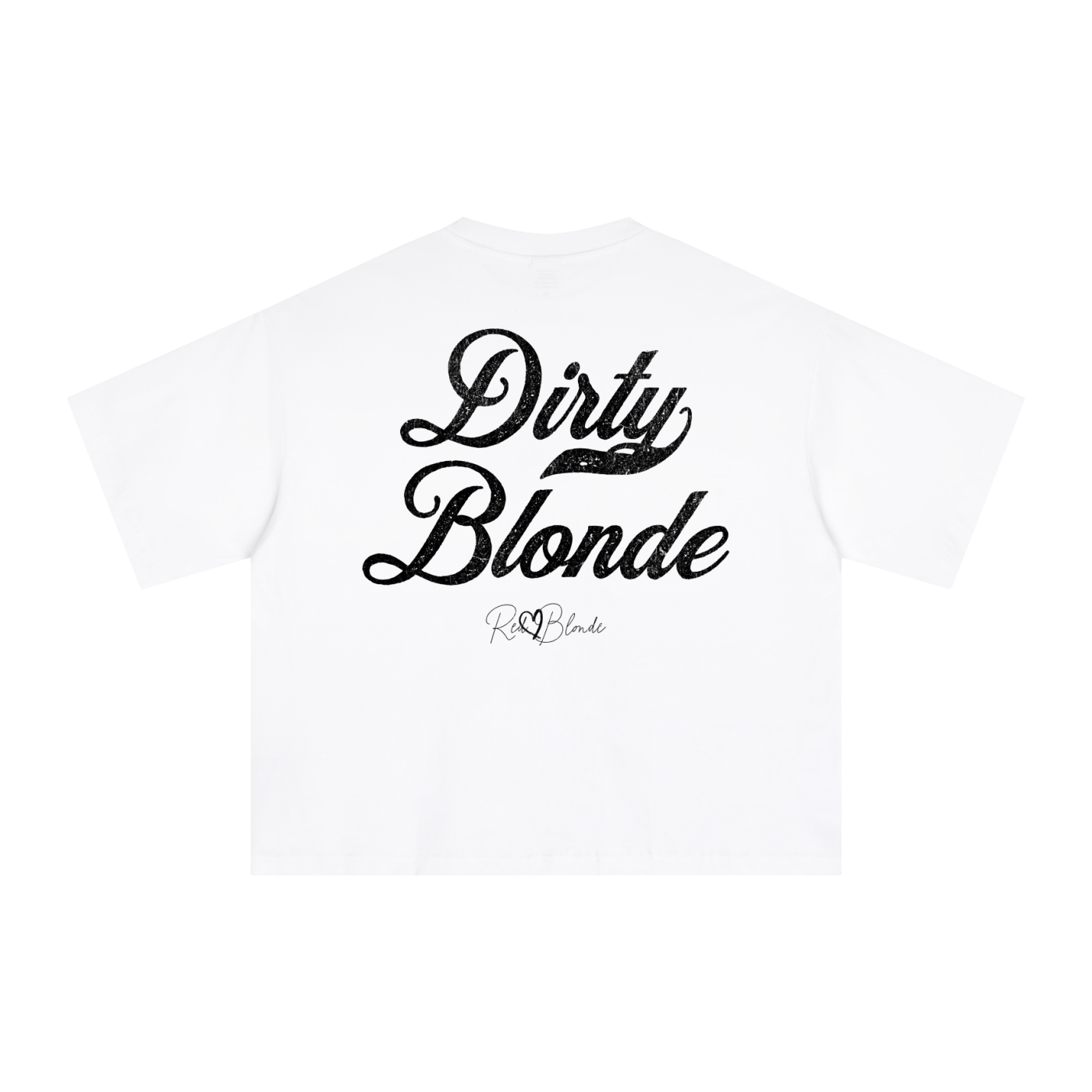 Back view of a white boxy oversized unisex T-shirt with bold black Milkstore 01 vintage-style script reading “Dirty Blonde” and the RedBlonde signature logo beneath