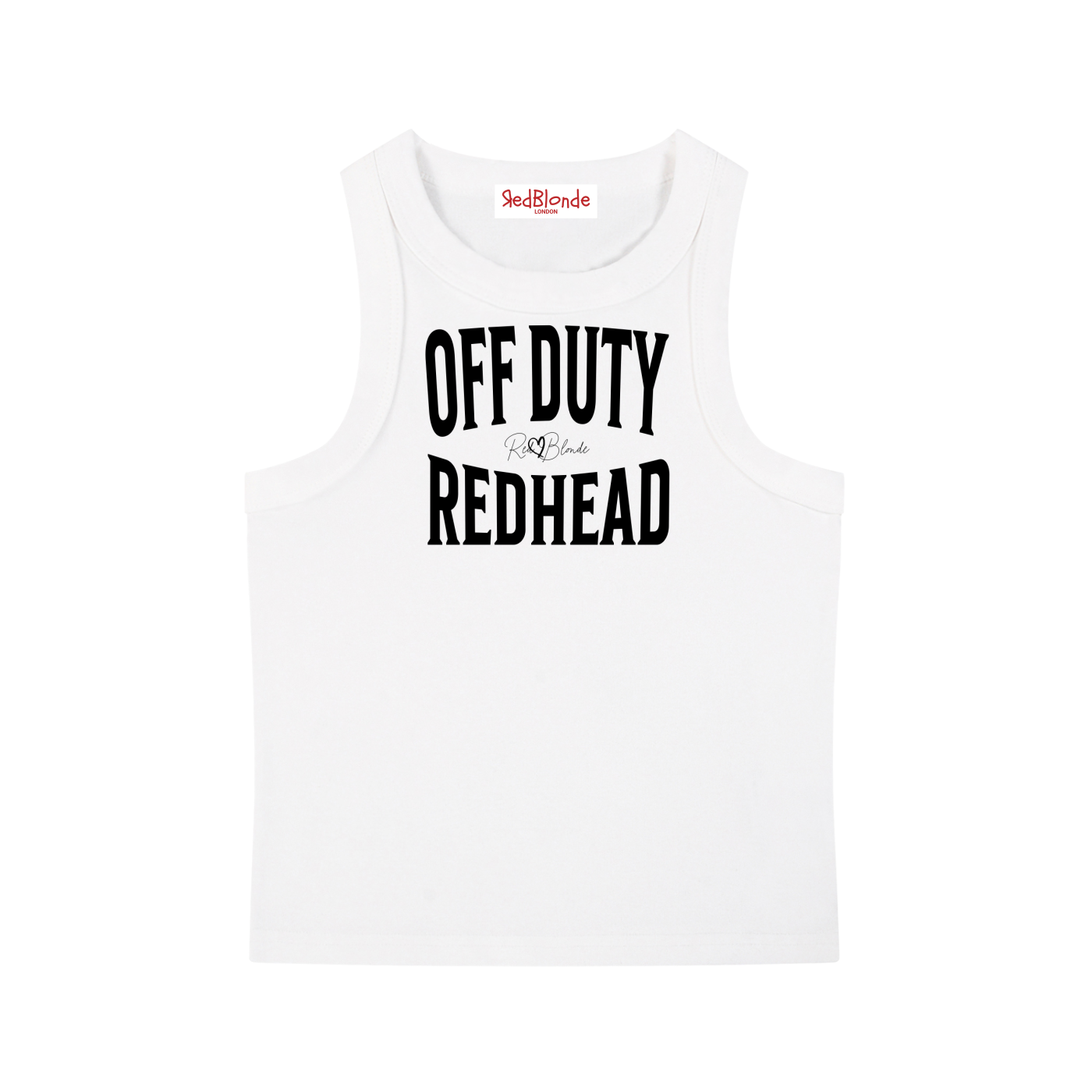 A white sleeveless vintage acid wash tank top laid flat on a white background, with Black text on the chest reading “OFF DUTY REDHEAD” in bold Brookfield lettering, and a small cursive RedBlonde signature logo between the words. 