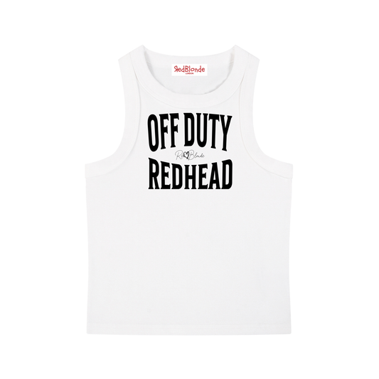 A white sleeveless vintage acid wash tank top laid flat on a white background, with Black text on the chest reading “OFF DUTY REDHEAD” in bold Brookfield lettering, and a small cursive RedBlonde signature logo between the words. 