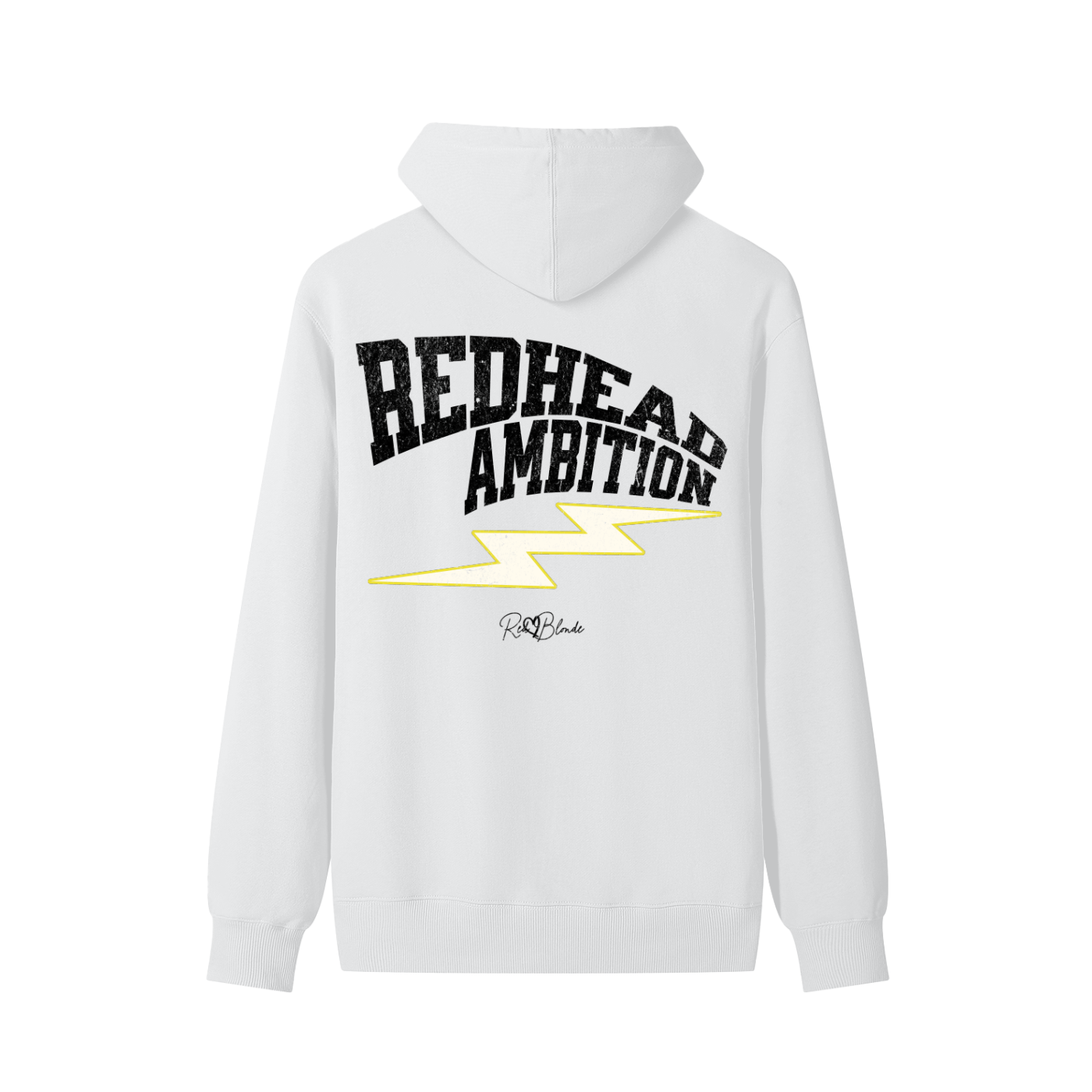 White hoodie featuring bold white vintage-textured TRICOT font lettering that reads “Redhead Ambition” across the back, with a yellow lightning bolt graphic underneath and the RedBlonde signature logo printed below.