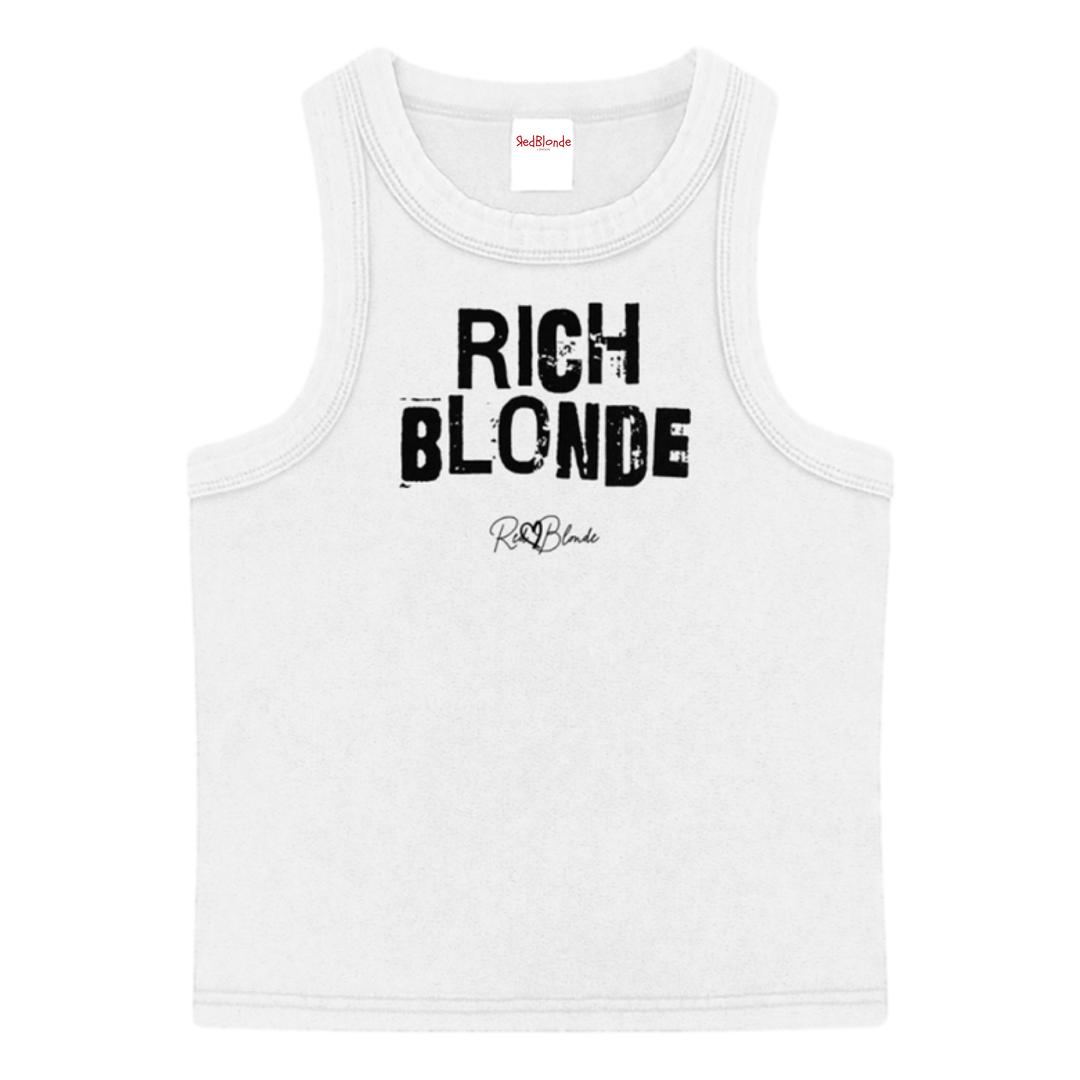 White acid-wash vintage tank top with bold black Ed Gein font “RICH BLONDE” slogan on the front and RedBlonde logo beneath.
