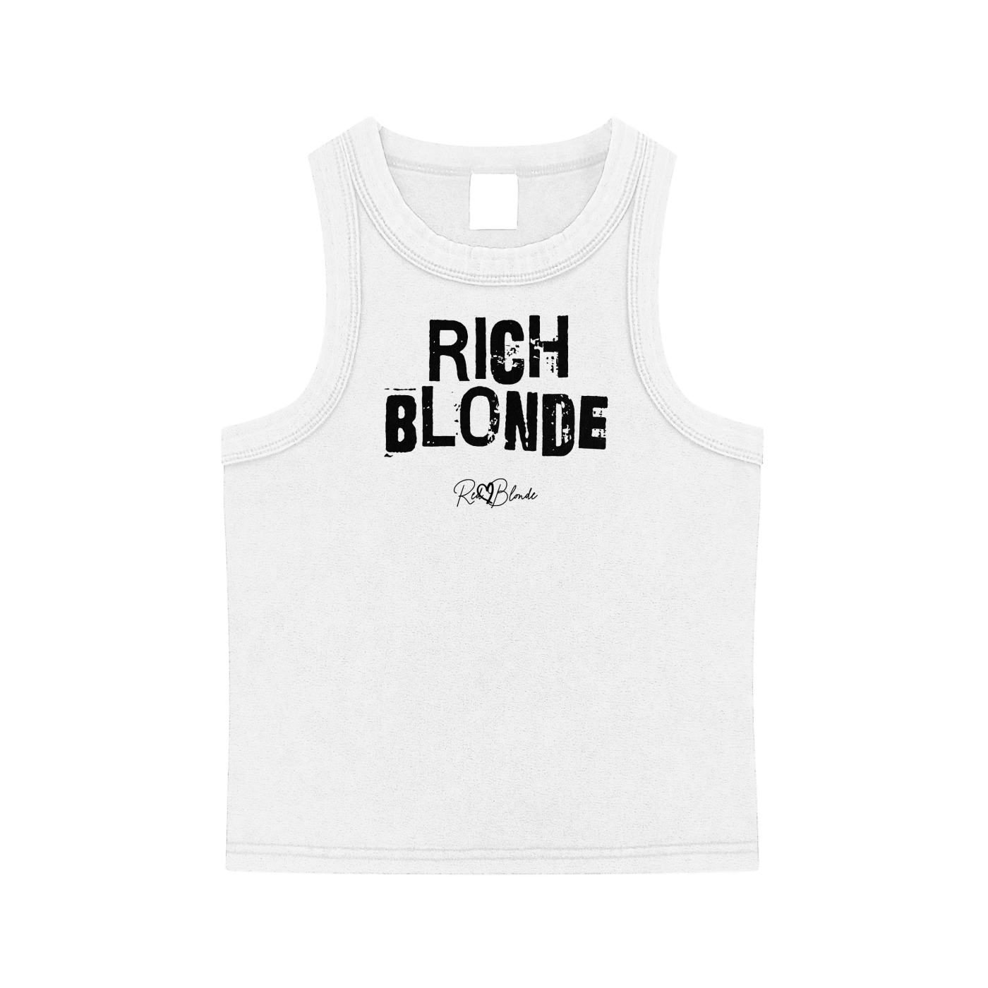 White acid-wash vintage tank top with bold black Ed Gein font “RICH BLONDE” slogan on the front and RedBlonde logo beneath.