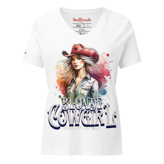 White V-neck women’s T-shirt with a colorful graphic of a stylish blonde cowgirl wearing a red cowboy hat and denim shirt, paired with the bold text “Blonde Cowgirl” and “Heart of the West” in white western-style font. Branded RedBlonde on inside neck and right sleeve