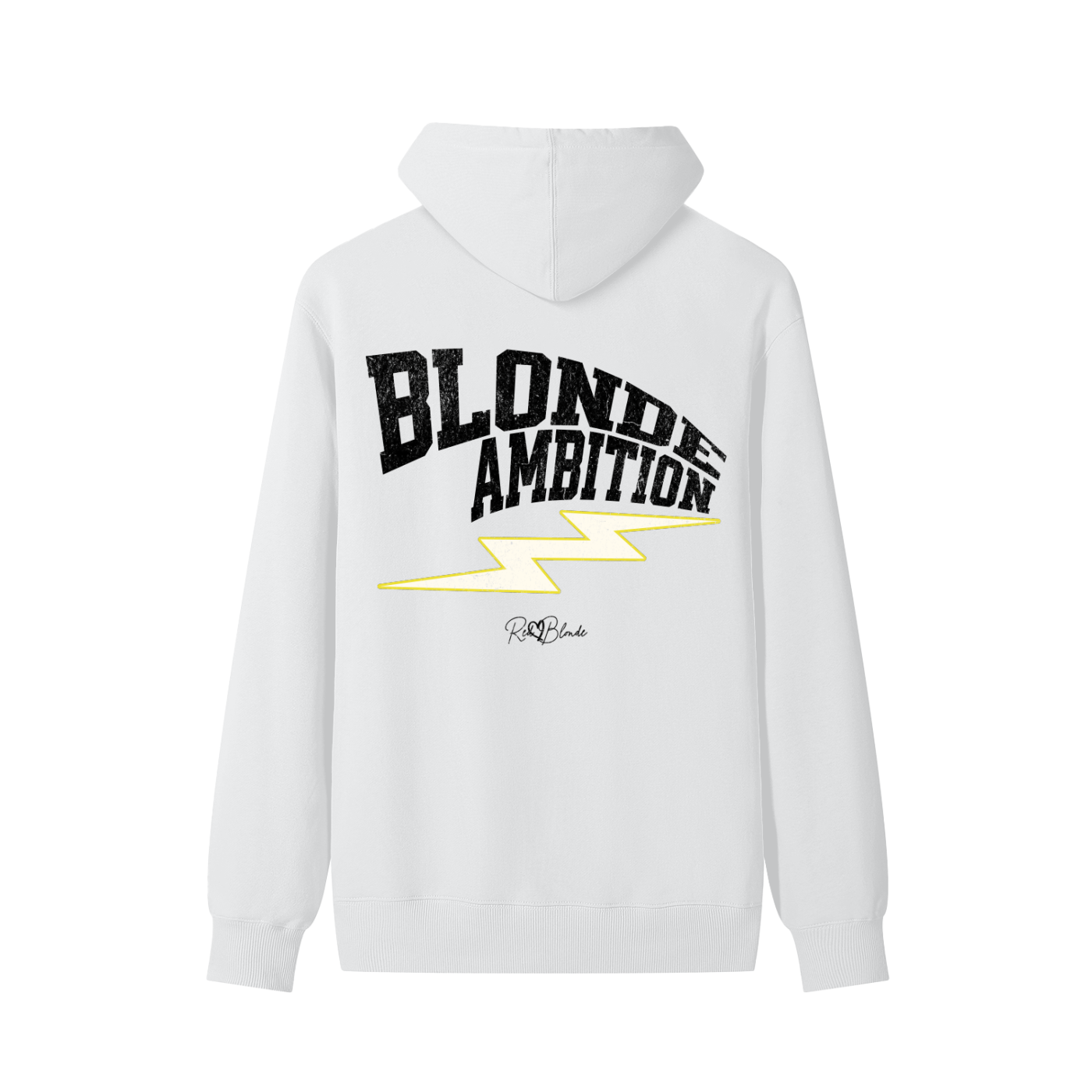 White hoodie featuring bold white vintage-textured TRICOT font lettering that reads “Blonde Ambition” across the back, with a yellow lightning bolt graphic underneath and the RedBlonde signature logo printed below.