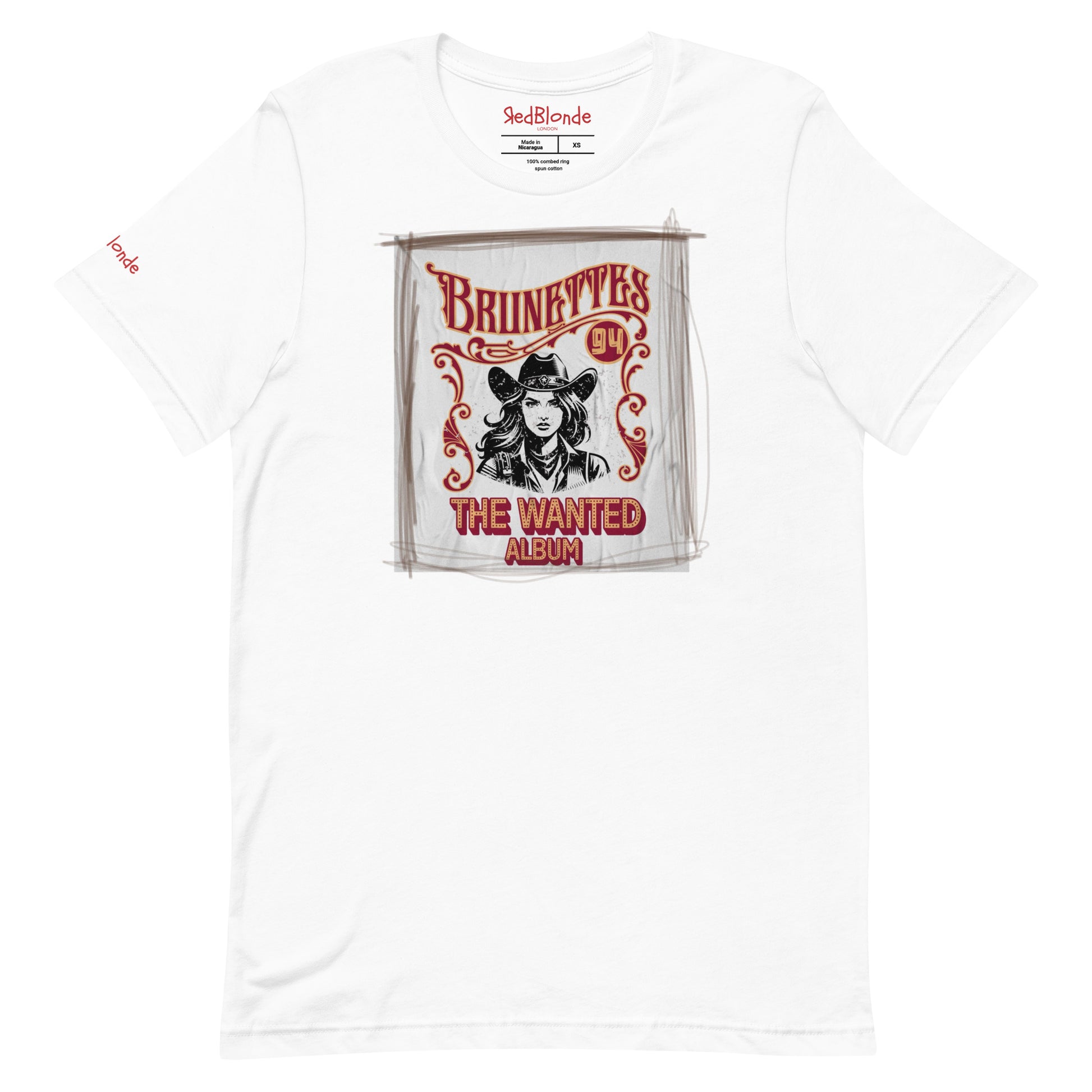 White classic unisex relaxed fit t-shirt with graphic of an album cover featuring a girl in a cowboy hat with the words ' Brunettes'94 - The Wanted Album'. Branded RedBlonde in red on inside neck and right sleeve.