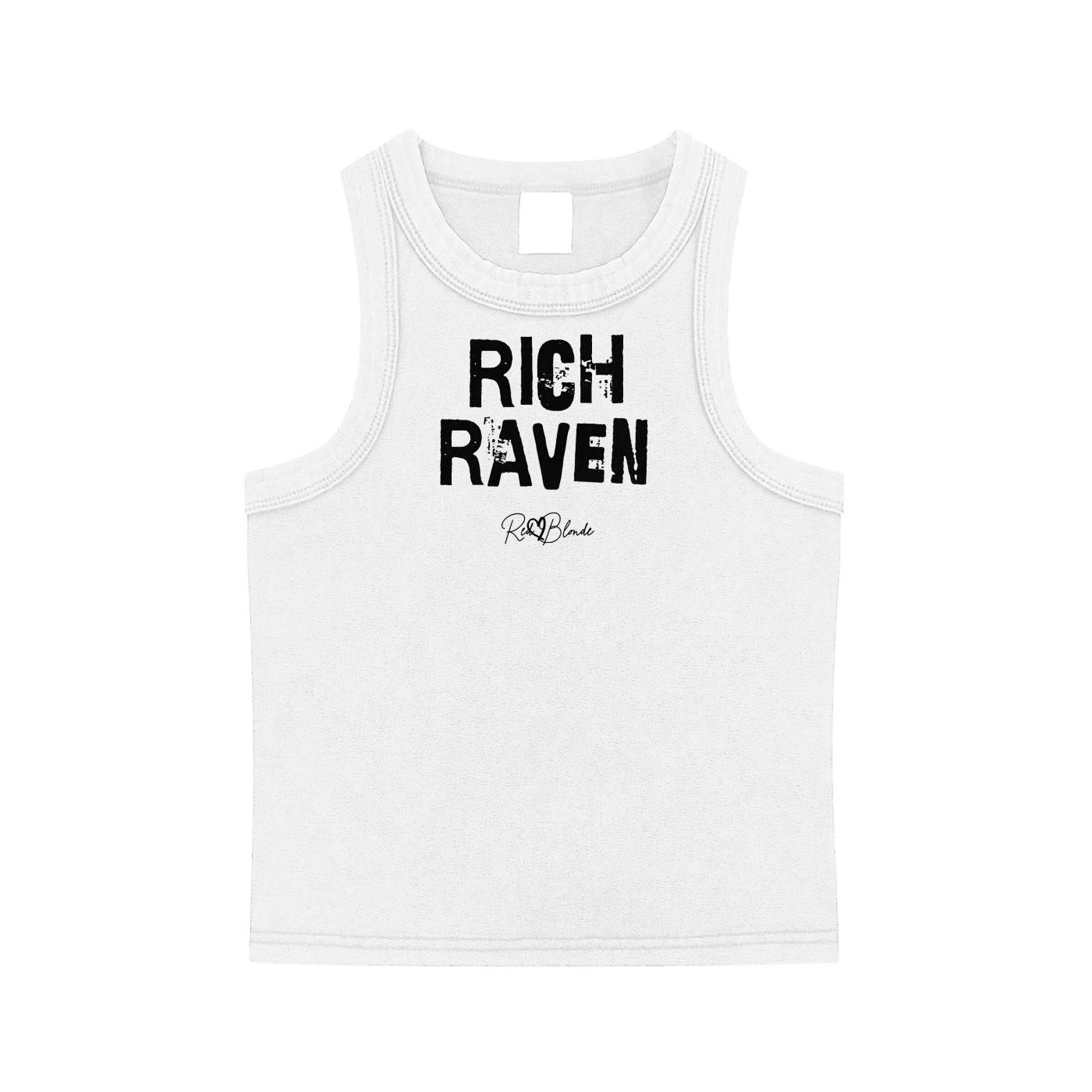 White acid-wash vintage tank top with bold black Ed Gein font “RICH RAVEN" slogan on the front and RedBlonde logo beneath.