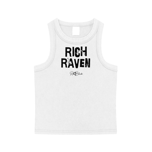 White acid-wash vintage tank top with bold black Ed Gein font “RICH RAVEN" slogan on the front and RedBlonde logo beneath.