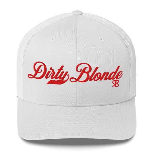White trucker cap with 'Dirty Blonde' in red milkstore font. Branded RB