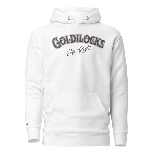 White unisex hoodie with the text “Goldilocks Just Right” in black and white Signmaster Pro textured font, designed in a bold retro style. Branded RedBlonde London in red on inside neck and right 