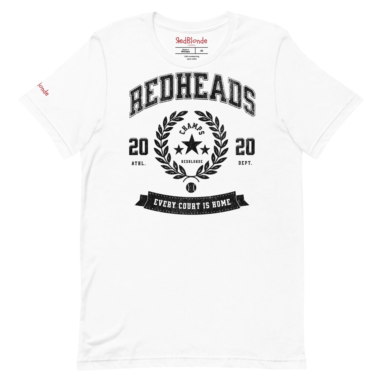 White unisex t-shirt with american college themed graphic featuring 'REDHEADS' in Tricot font with a laurel wreath and the words ' Champs RedBlonde' 2020 and 'every court is home' underneath. Branded RedBlonde in red on inside neck and right sleeve 