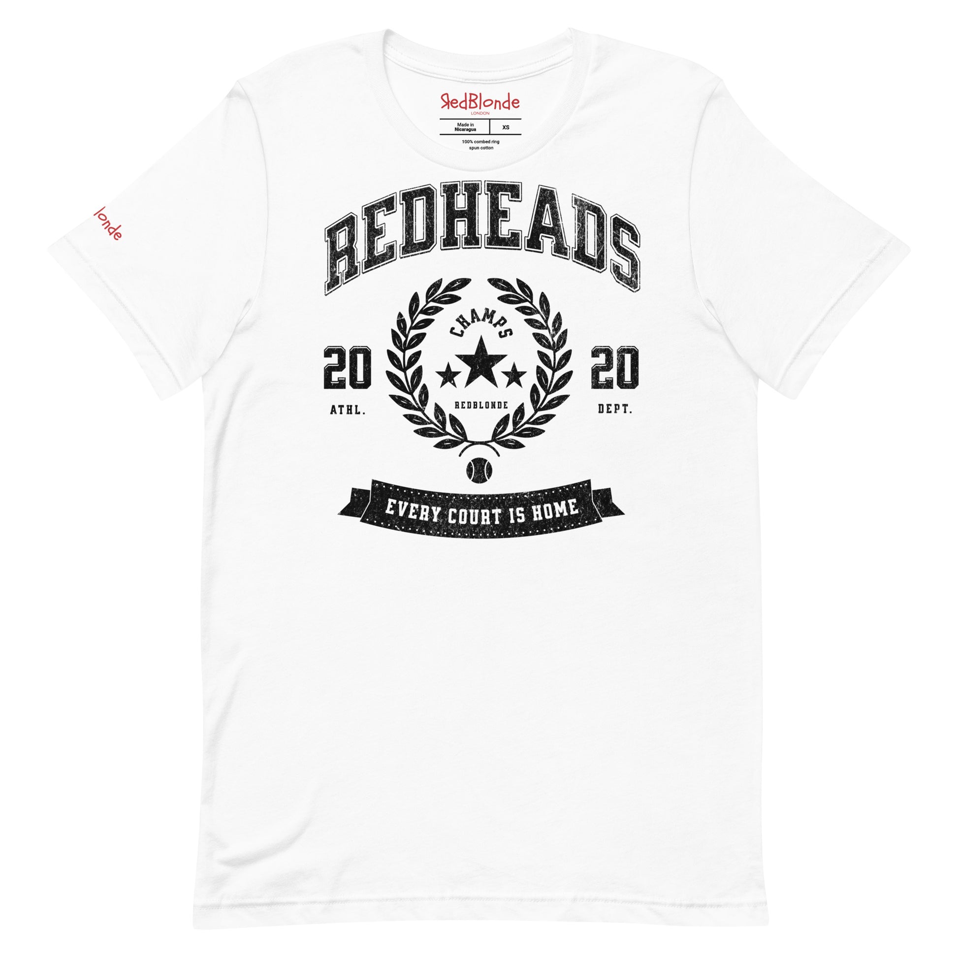 White unisex t-shirt with american college themed graphic featuring 'REDHEADS' in Tricot font with a laurel wreath and the words ' Champs RedBlonde' 2020 and 'every court is home' underneath. Branded RedBlonde in red on inside neck and right sleeve 