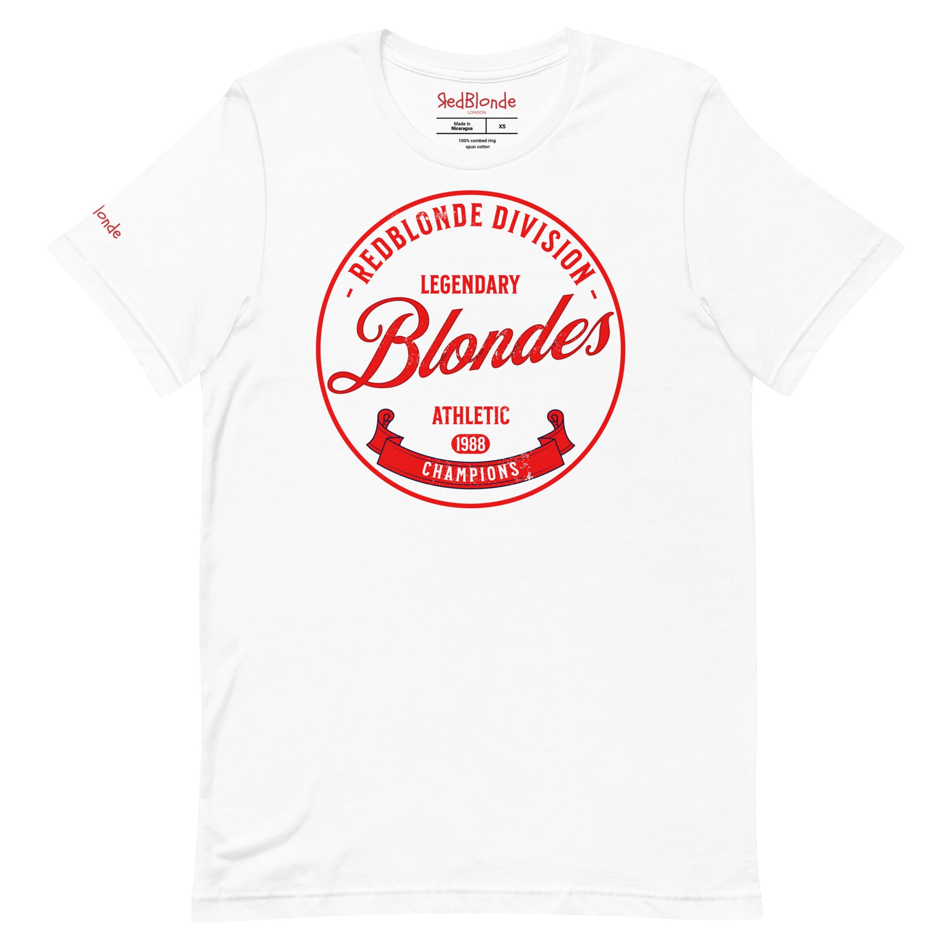 White unisex t-shirt with an american college inspired red circle graphic in red with the words 'REDBLONDE DIVISION, LEGENDARY Blondes. Athletic Champions 1988'. Branded RedBlonde in red on inside neck and right sleeve