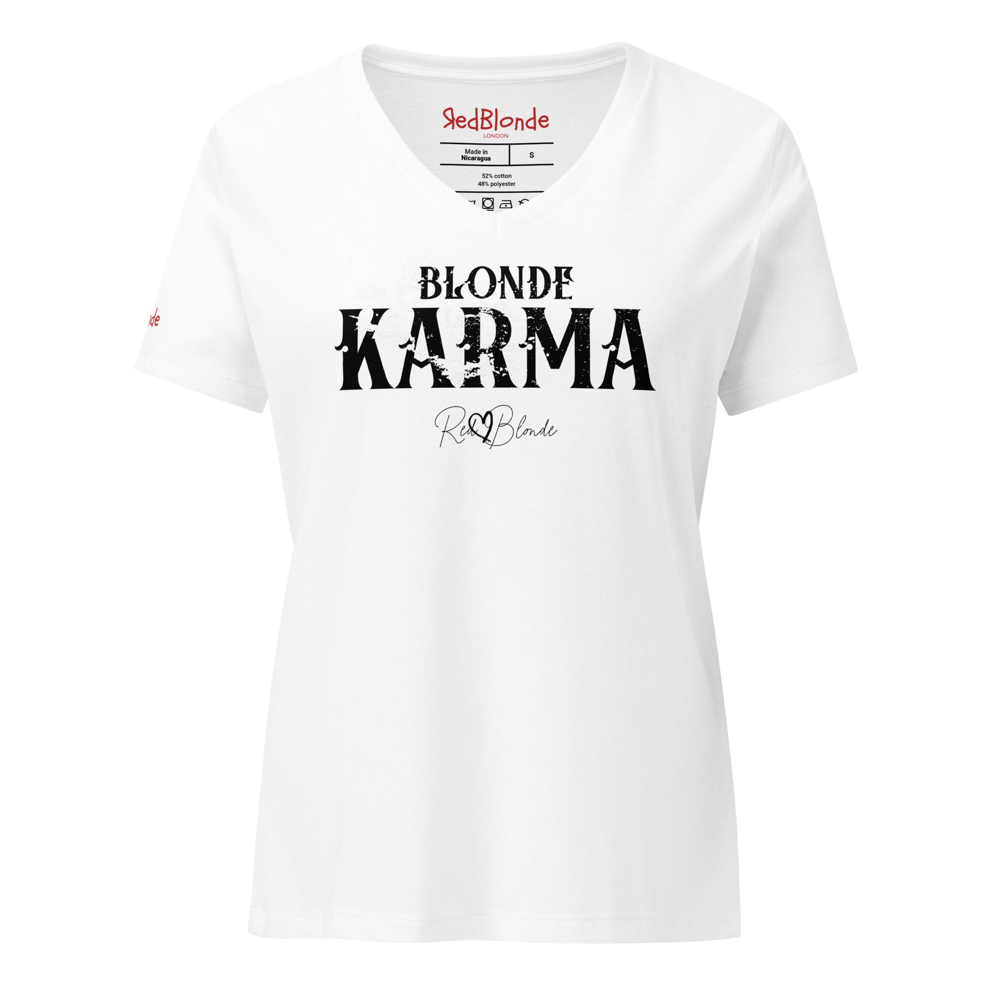 White v-neck women's relaxed fit t-shirt with 'BLONDE KARMA' in Aquero black font, signed RedBlonde. Branded RedBlonde in red on inside neck and right sleeve 