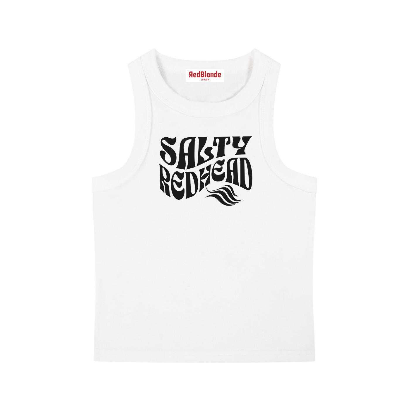 White sleeveless crop tank top with a high neckline, featuring a black Solino Display retro-style “Salty Redhead” font graphic across the chest and a RedBlonde London neck label