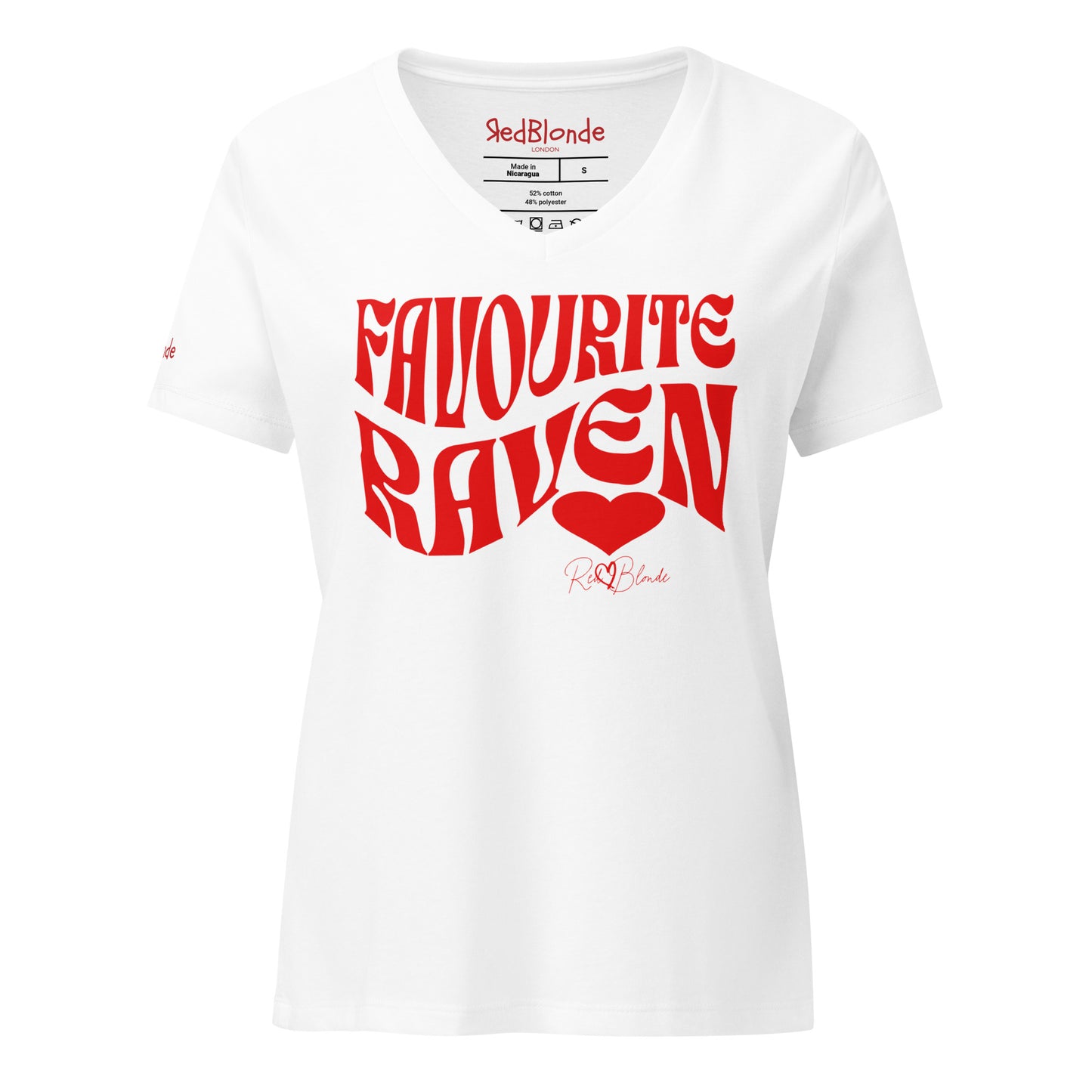 White women's loose fit v-neck graphic t-shirt with the slogan 'Favourite Raven' in Solino Display red retro 70s wavy font. Signed with a heart and RedBlonde. Branded RedBlonde in red on inside neck and right sleeve