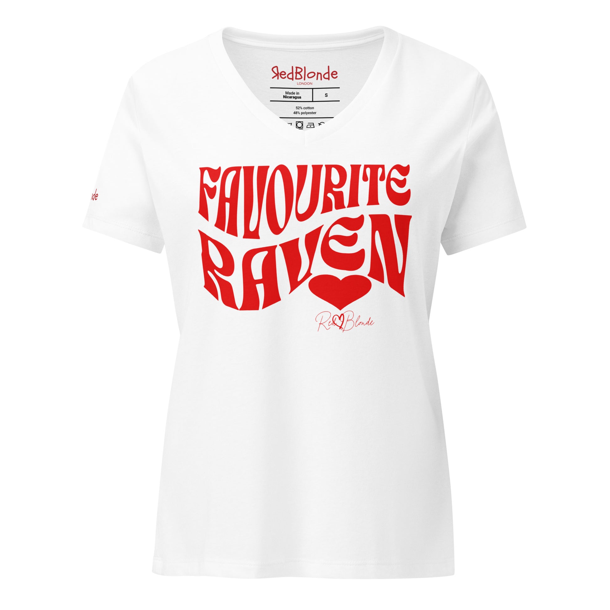 White women's loose fit v-neck graphic t-shirt with the slogan 'Favourite Raven' in Solino Display red retro 70s wavy font. Signed with a heart and RedBlonde. Branded RedBlonde in red on inside neck and right sleeve