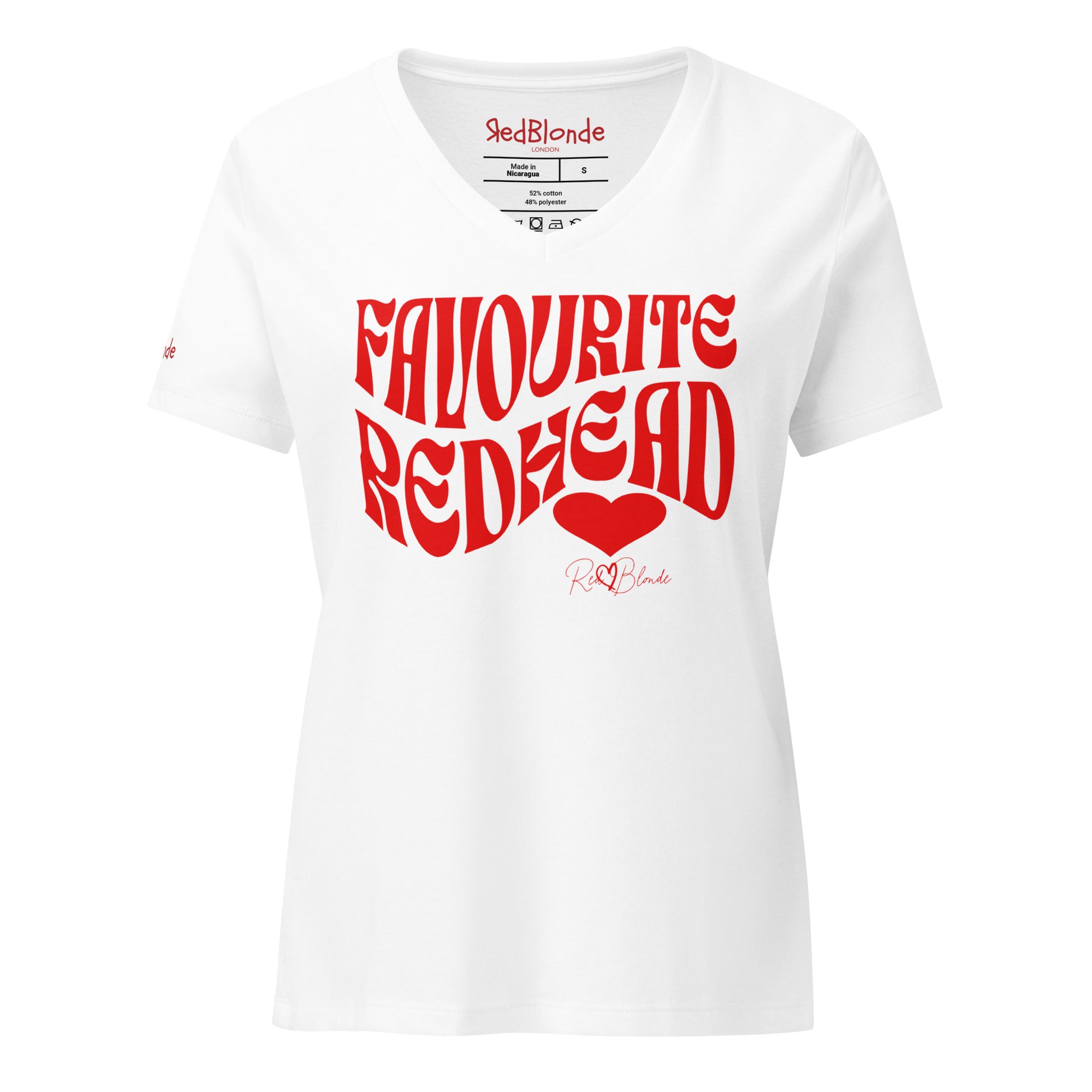 White women's loose fit v-neck graphic t-shirt with the slogan 'Favourite Redhead' in Solino Display red retro 70s wavy font. Signed with a heart and RedBlonde. Branded RedBlonde in red on inside neck and right sleeve