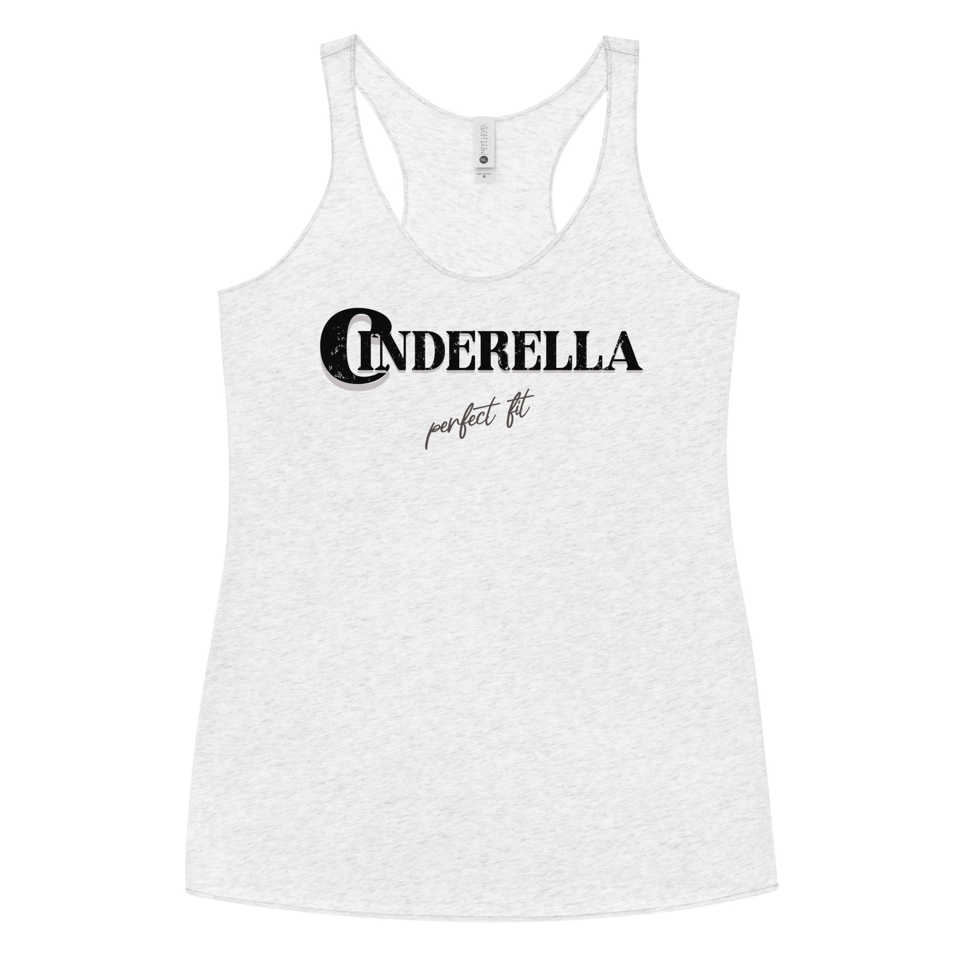 White women’s racerback tank top featuring black merger text that reads “Cinderella” with a decorative crescent moon incorporated into the letter C, and the phrase “perfect fit” written underneath in an elegant cursive script.