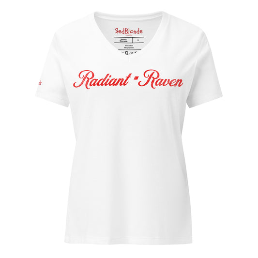 White women's relaxed fit v-neck slogan t-shirt with 'Radiant Raven' in milkshake script red font. Branded RedBlonde in red on inside neck and right sleeve