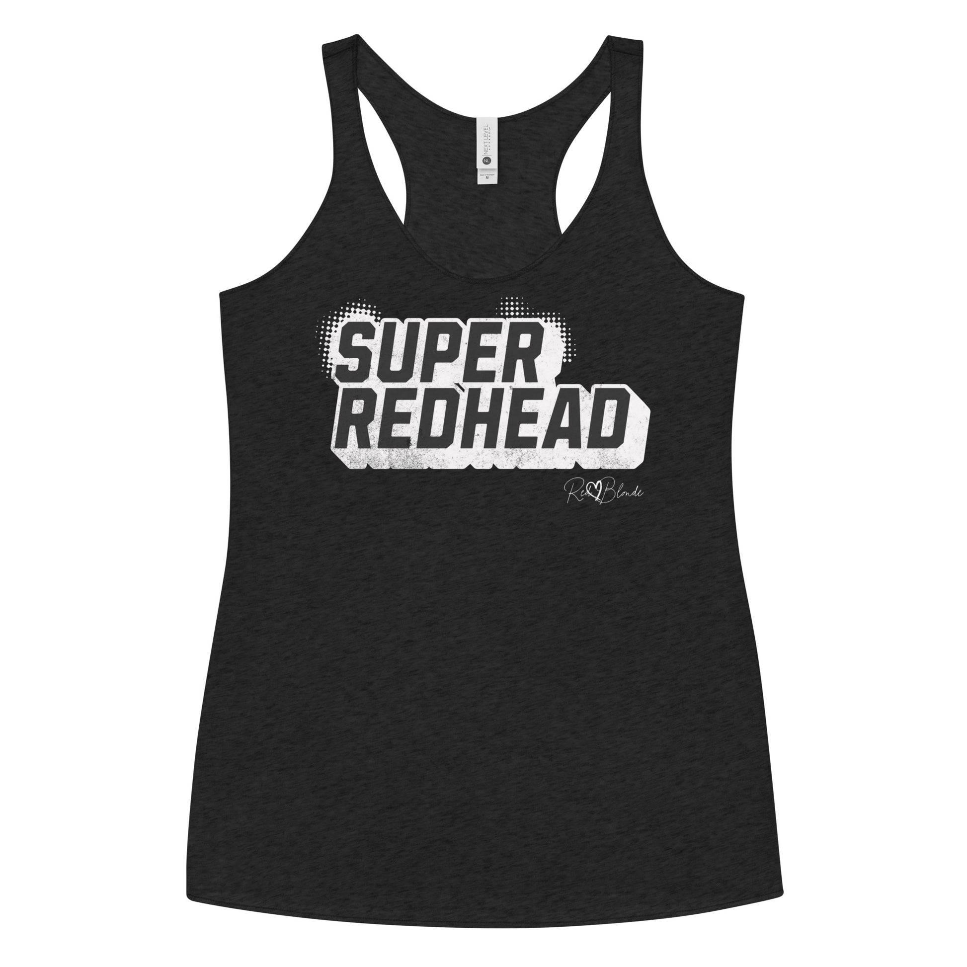 Women’s heather black racerback tank top with bold black “SUPER REDHEAD” in Univercity font block comic-style font with halftone detail, featuring the RedBlonde logo signature beneath the design.