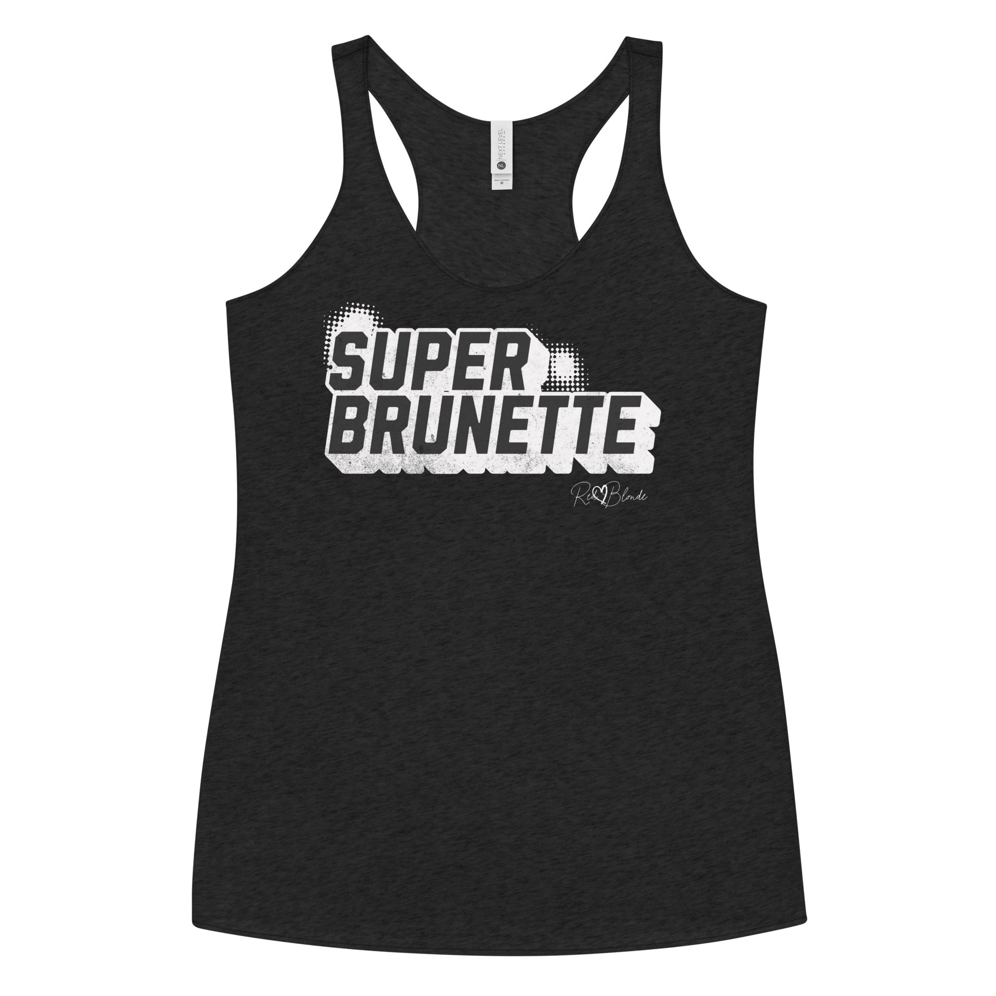 Women’s vintage black racerback tank top with bold black “SUPER BRUNETTE” in Univercity font block comic-style font with halftone detail, featuring the RedBlonde logo signature beneath the design.